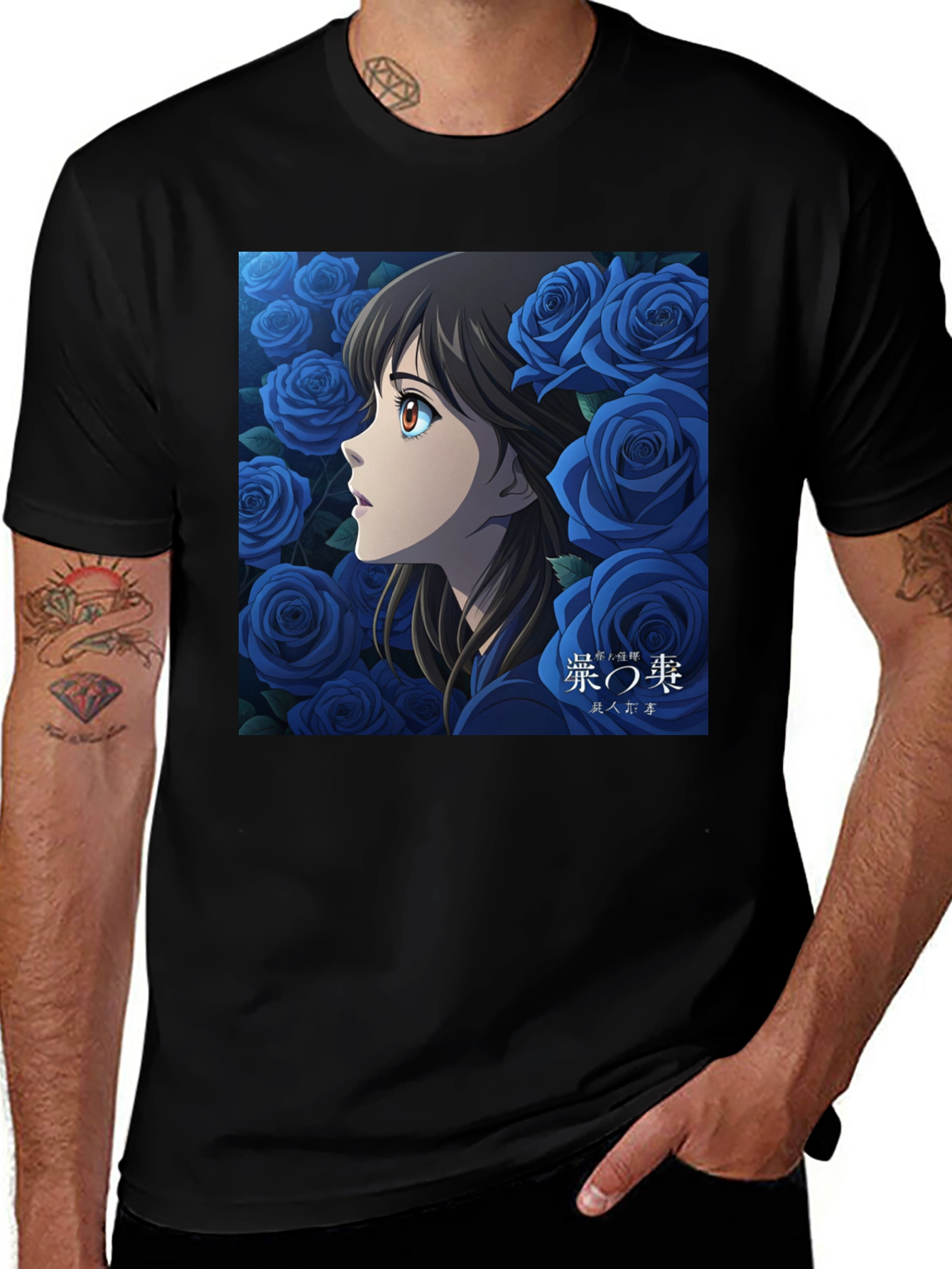 Variant 30 of Anime Girl and Roses Graphic Black T-Shirt