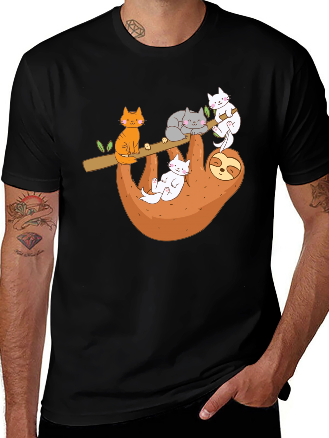 Black Sloth & Cats Graphic Tee - Relaxed Style main image