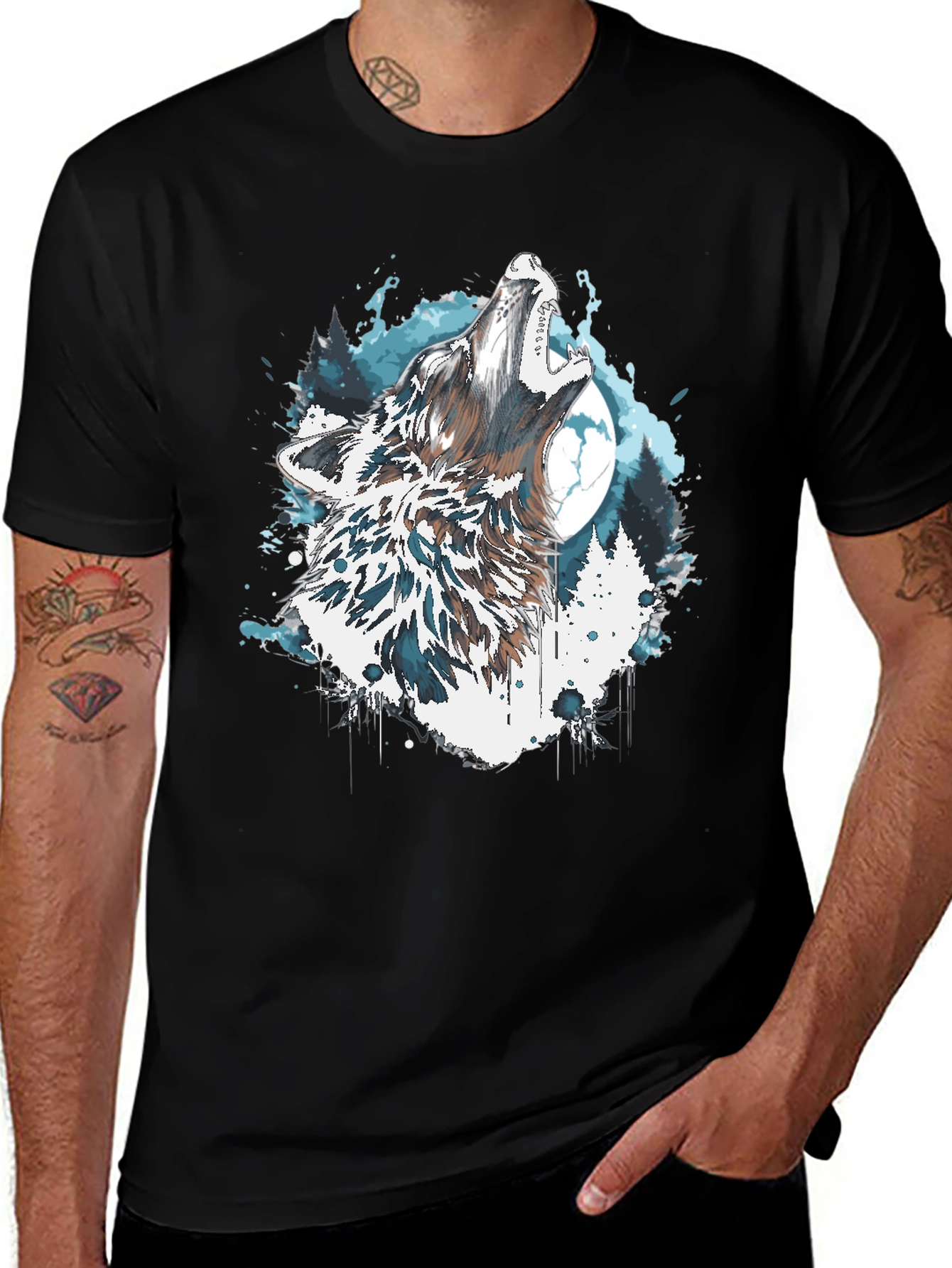Variant 15 of Wolf Howling Moon Graphic Tee - Black Crew Neck