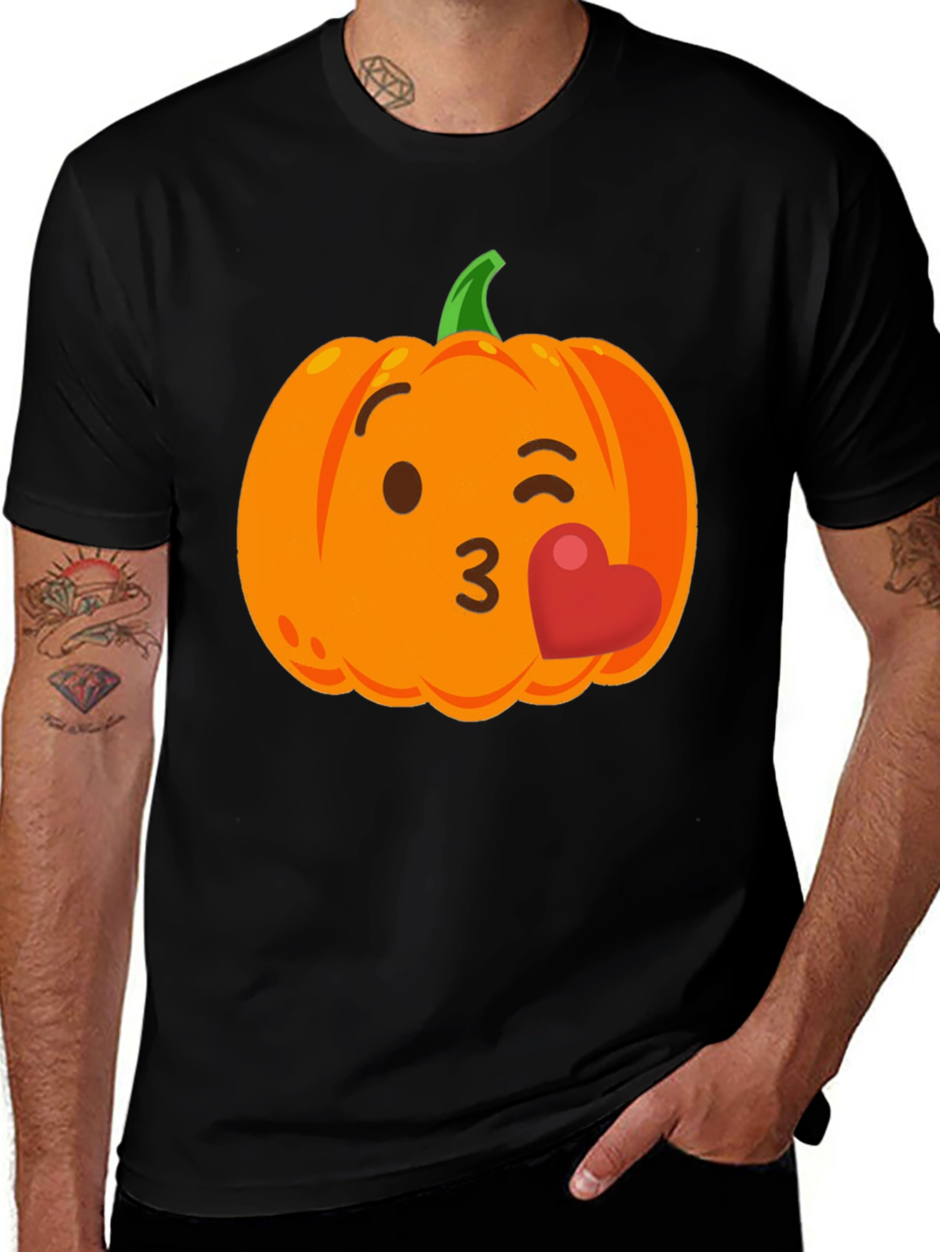 Kissing Pumpkin Emoji Black T-Shirt - Halloween Fun!