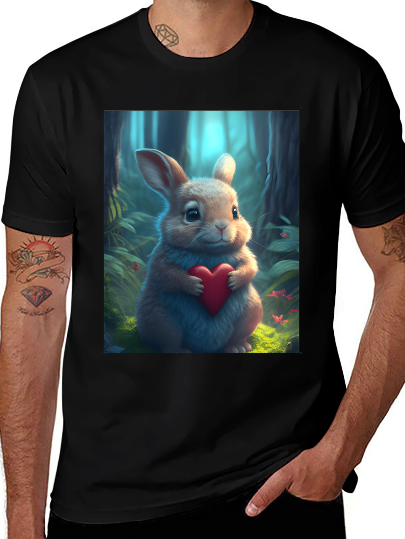 Variant 3 of Cute Bunny Heart Graphic Tee - Soft Black Cotton Blend