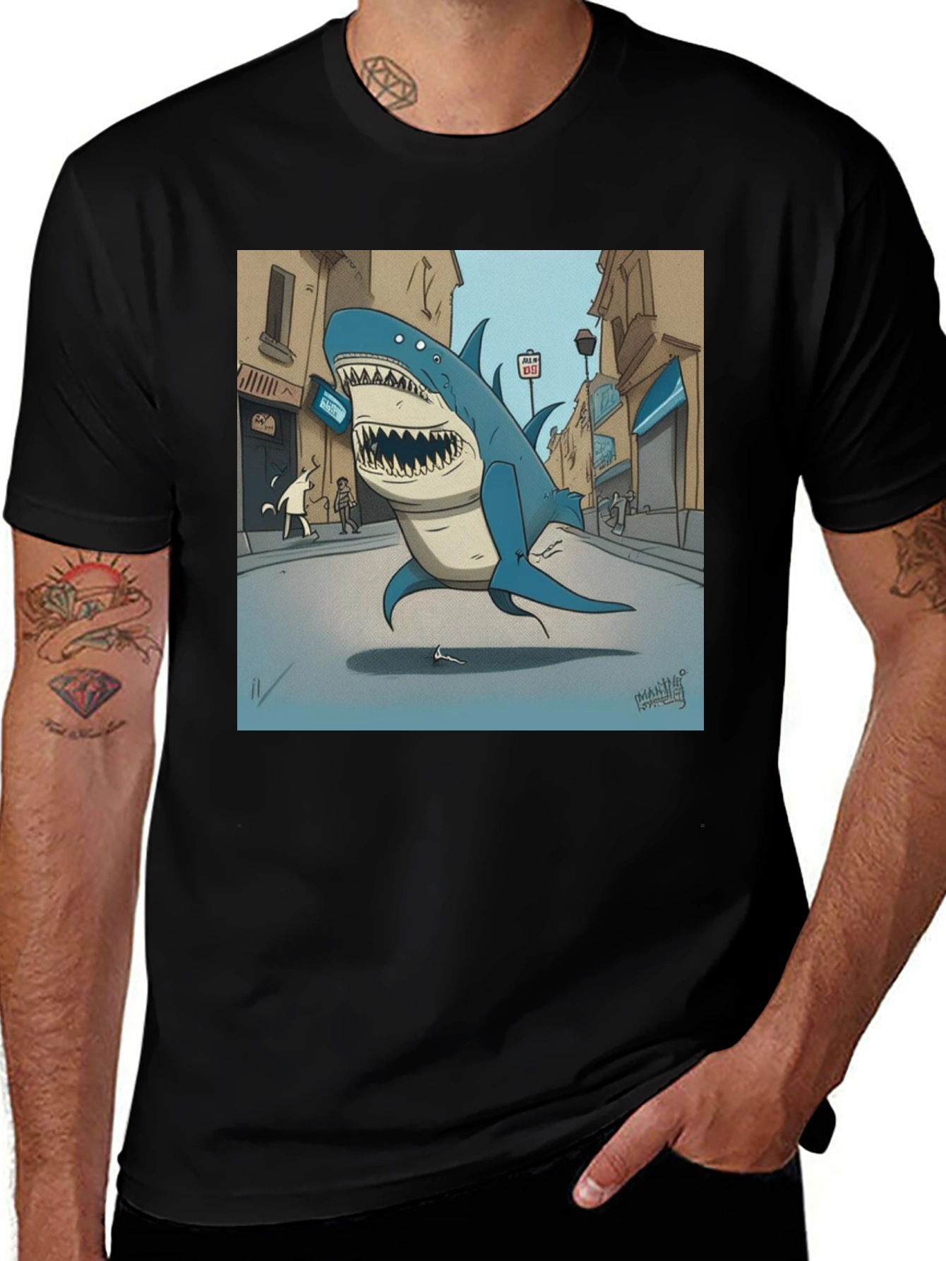 Variant 10 of Shark City Cartoon Graphic Tee - Black