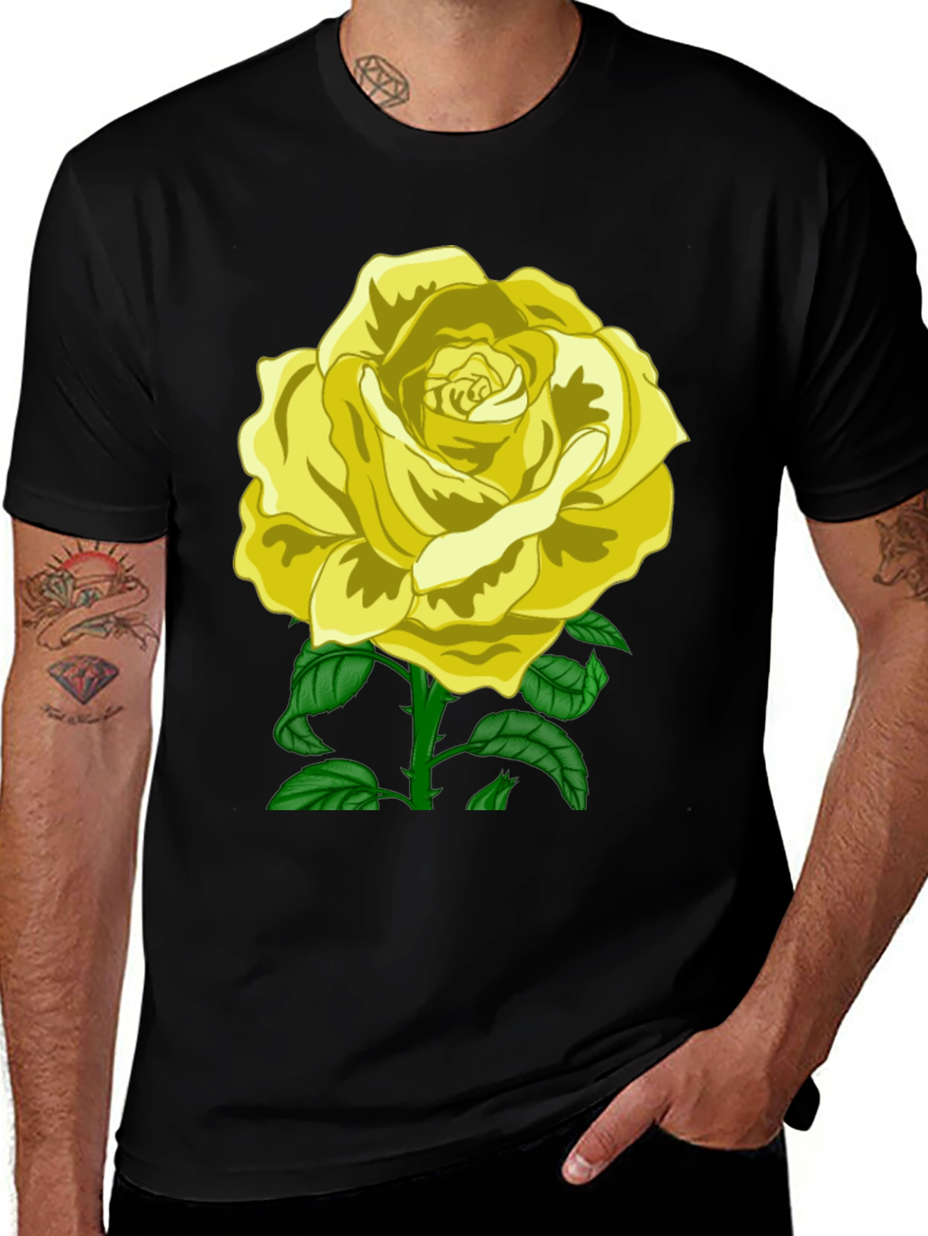 Black T-Shirt with Yellow Rose Graphic