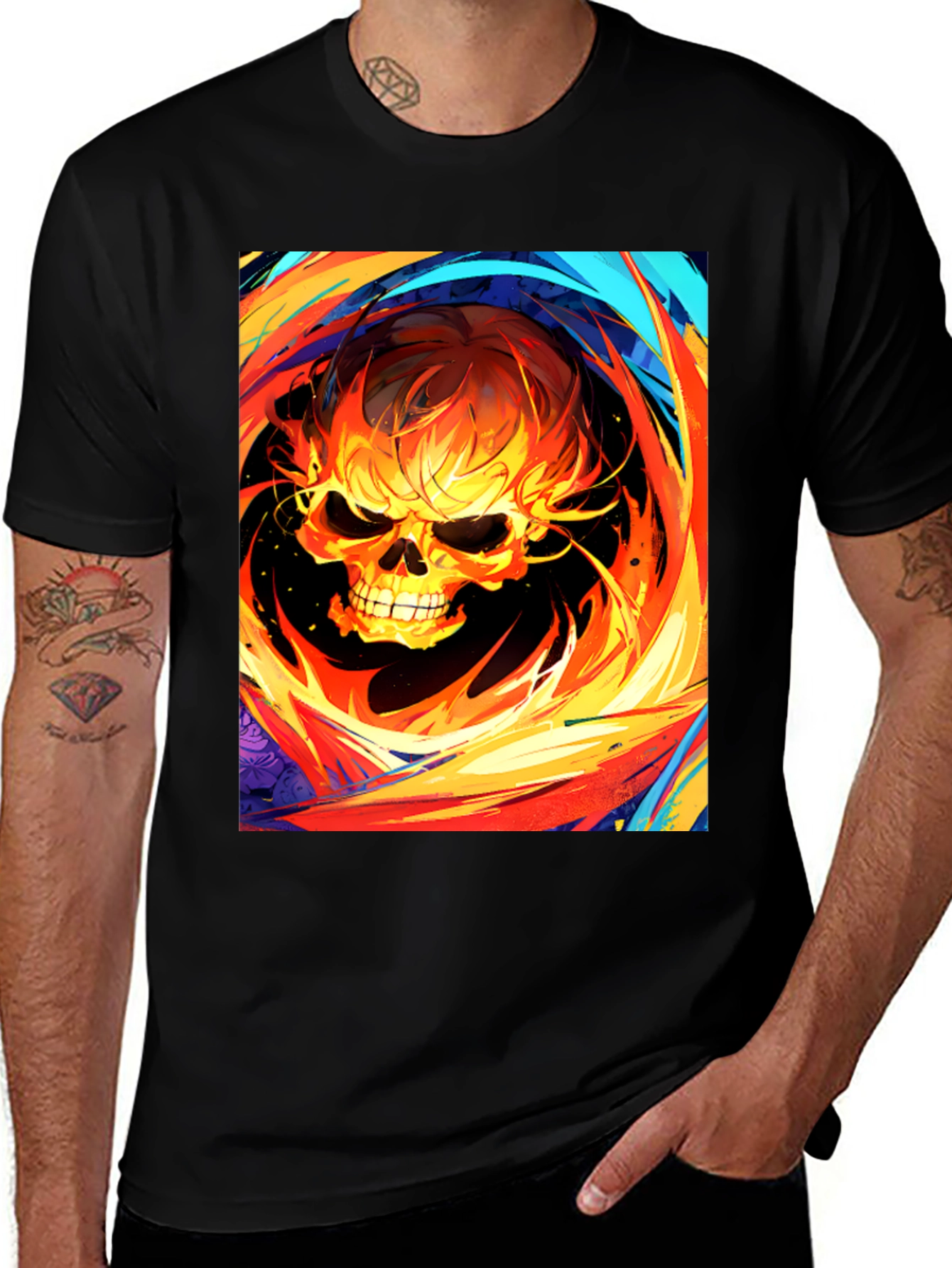 Variant 5 of Flaming Skull Graphic Tee - Black Cotton