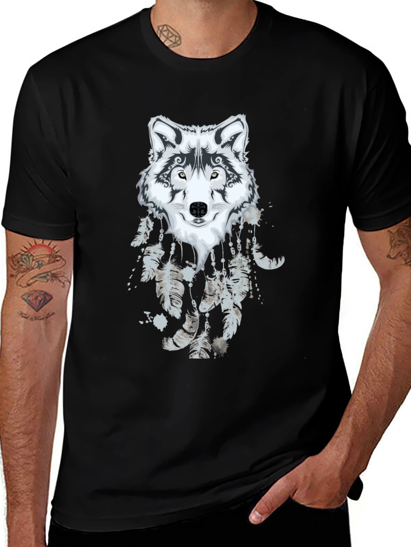 Variant 8 of Wolf Dreamcatcher Graphic Black T-Shirt
