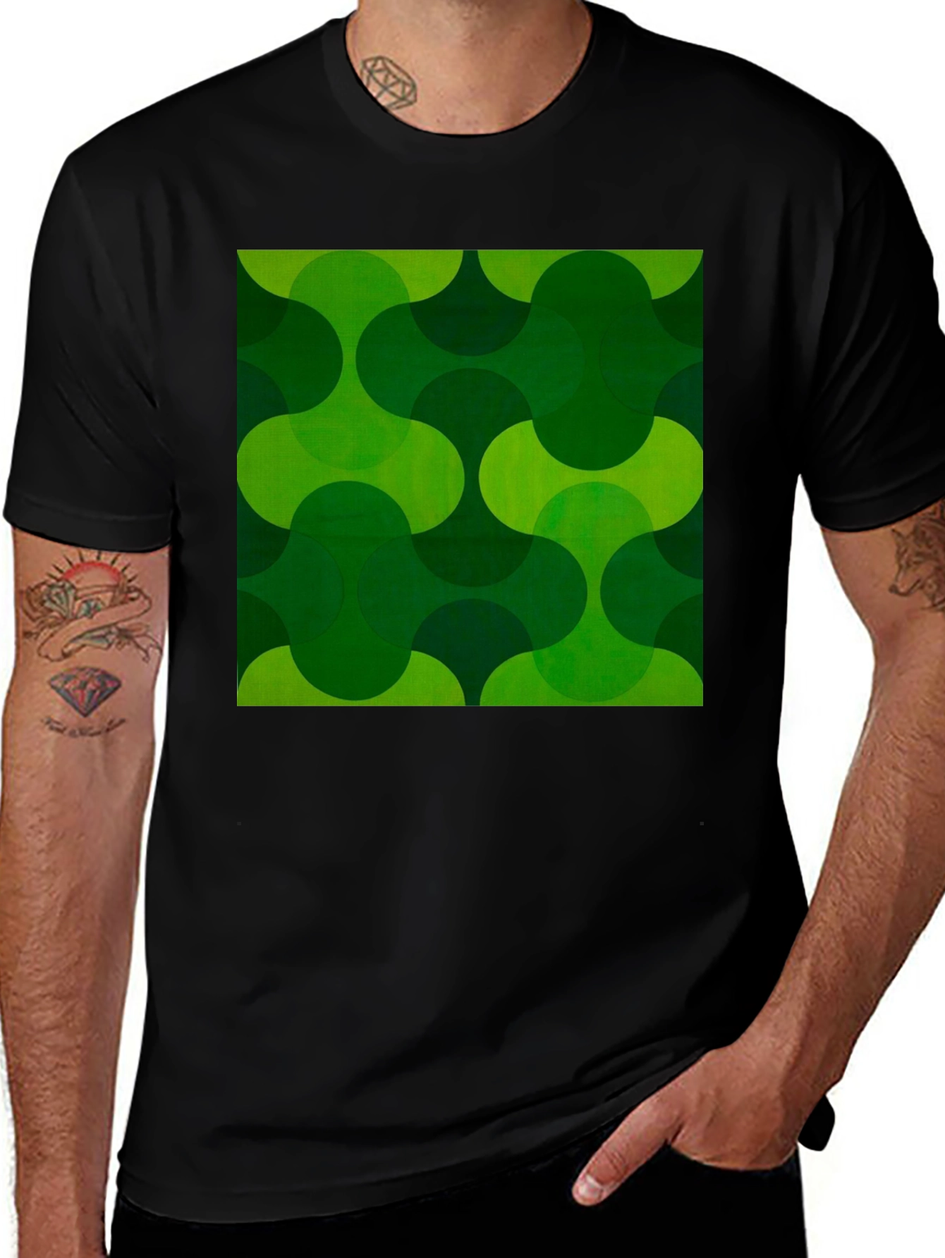 Variant 10 of Retro Green Geometric Print Black T-Shirt