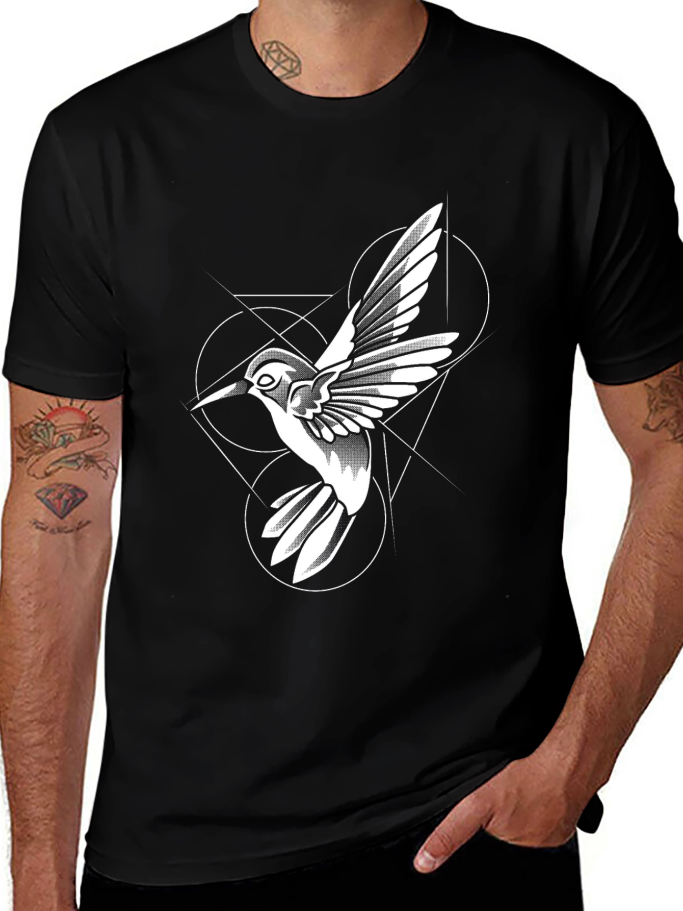 Variant 12 of Geometric Hummingbird Graphic Tee - Black