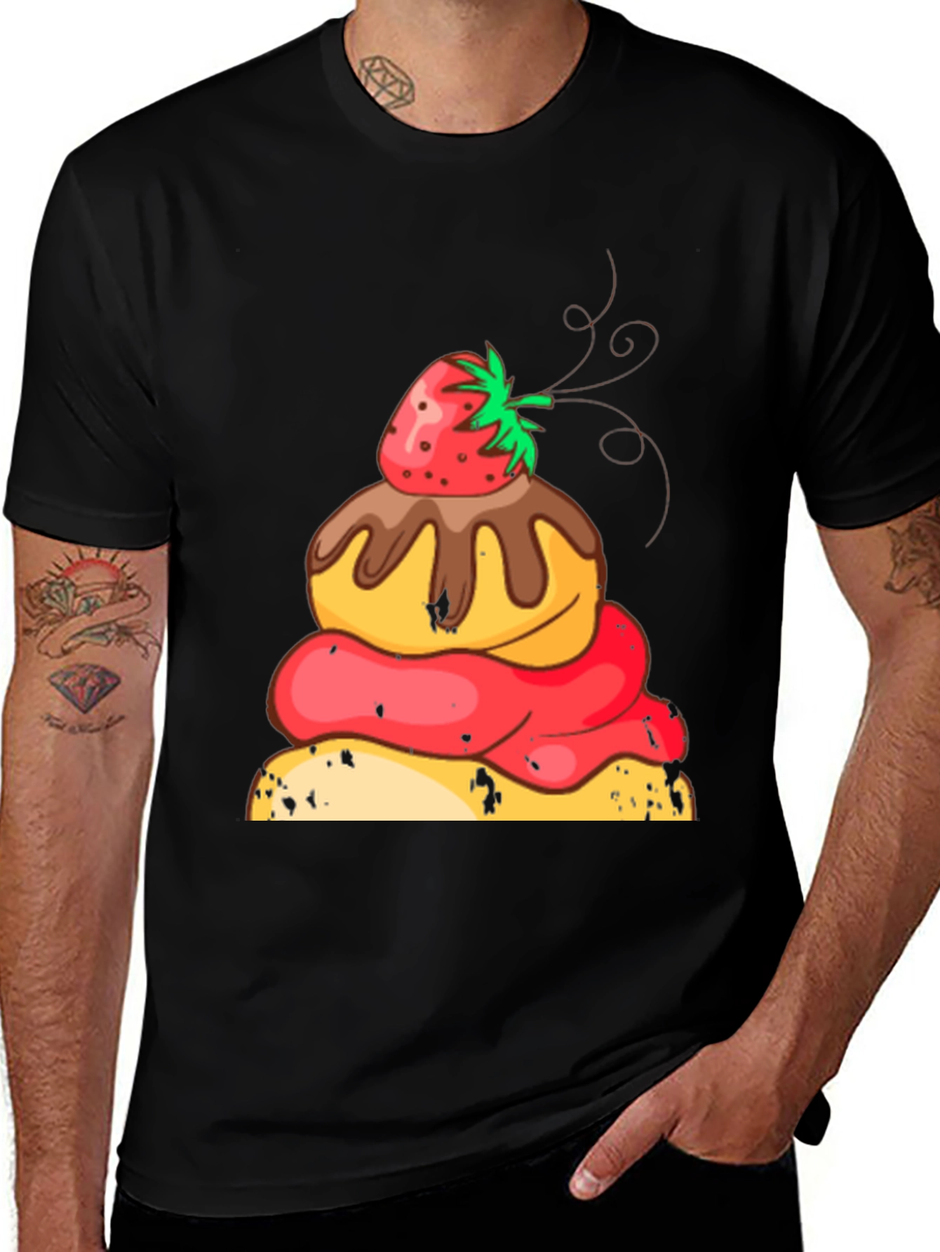 Variant 12 of Strawberry Dessert Graphic Tee - Black Cotton Casual Shirt