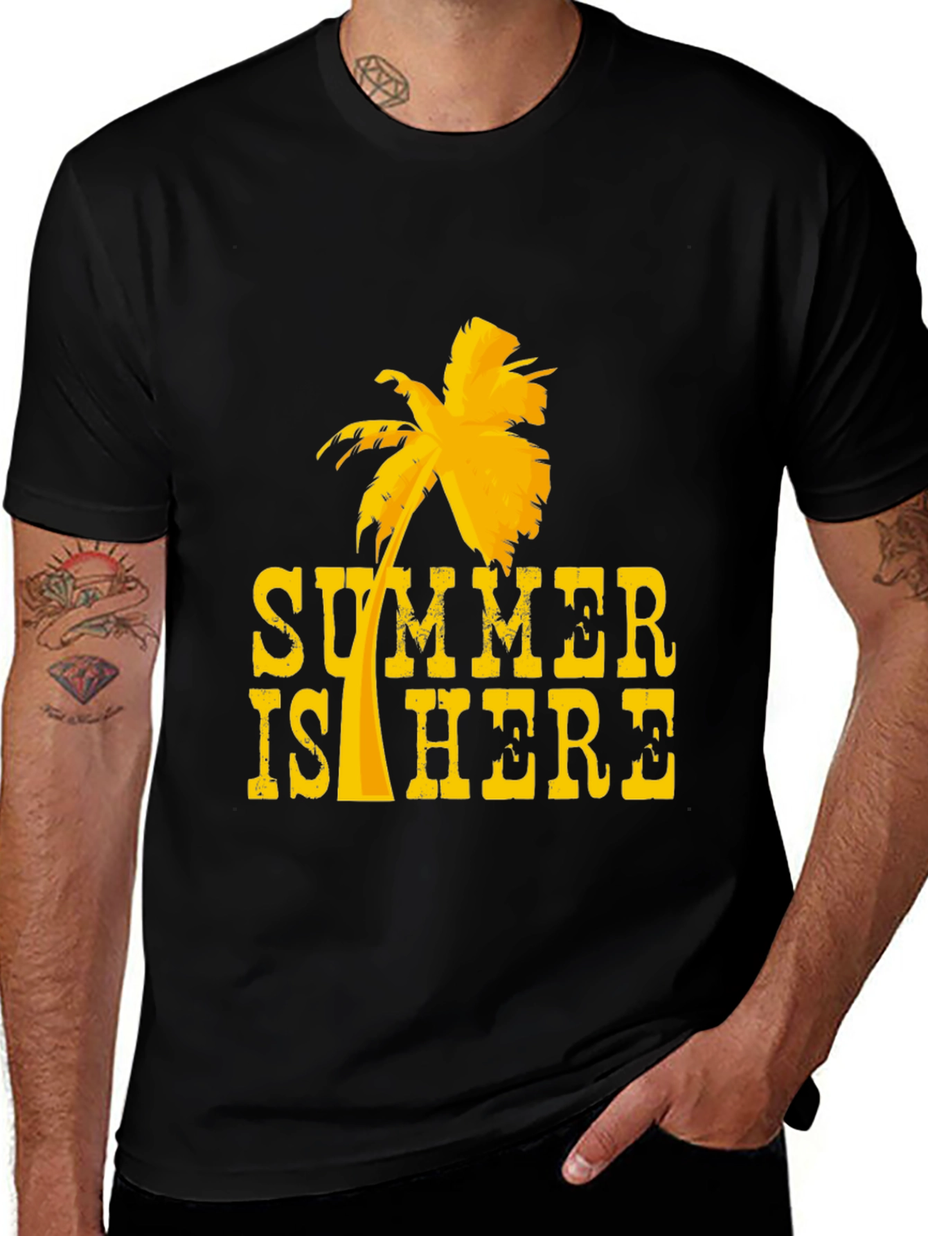 Variant 26 of Summer Is Here T-Shirt, Tropical Palm Tree Design, Black Tee