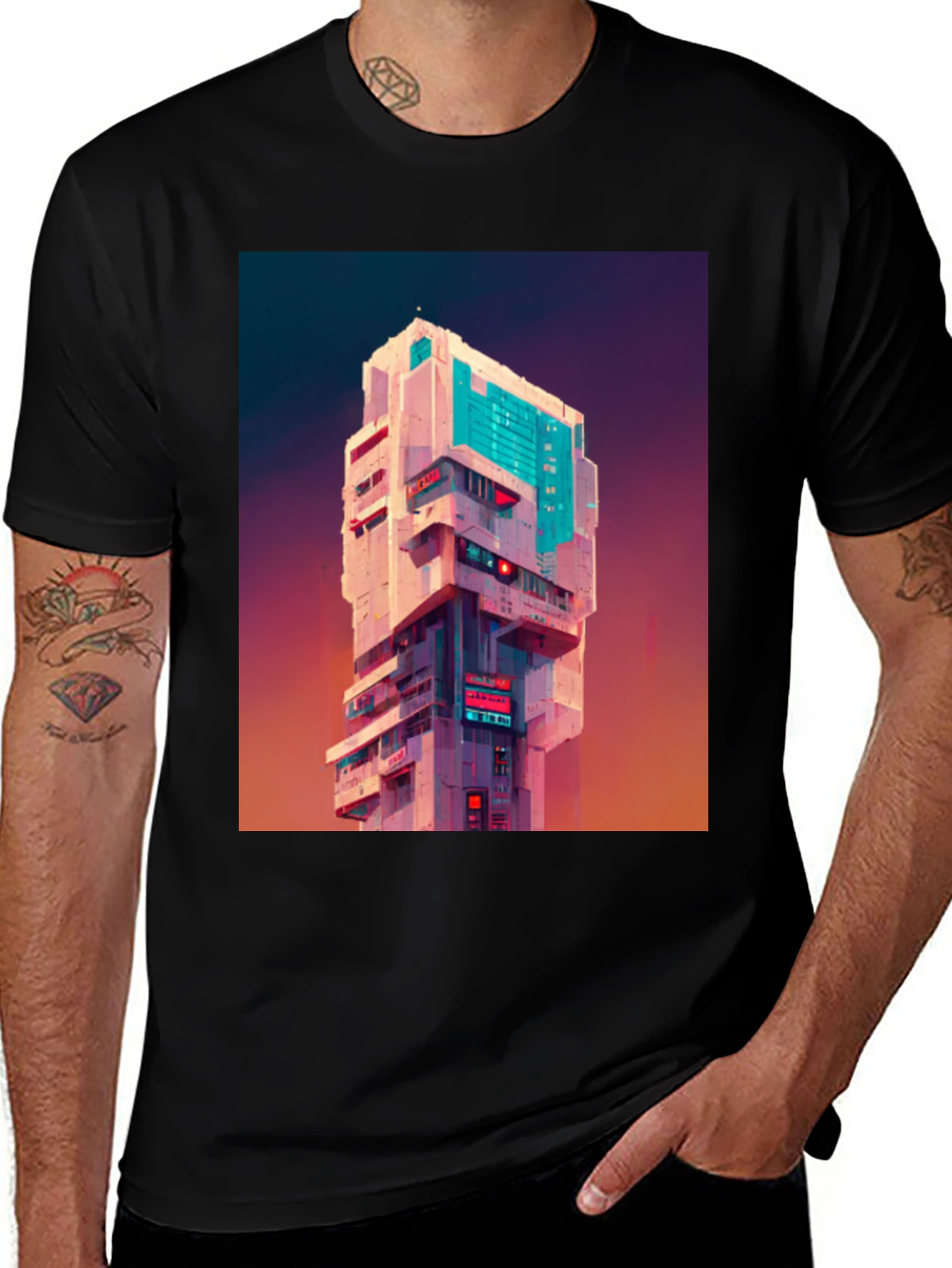 Variant 17 of Cyberpunk Building Graphic Tee - Black T-Shirt