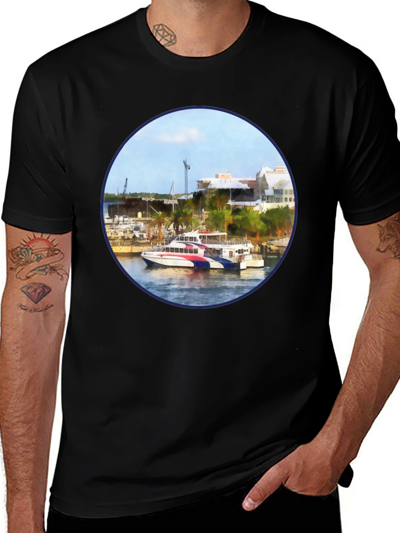 Bermuda Ferry Round Print Black T-Shirt