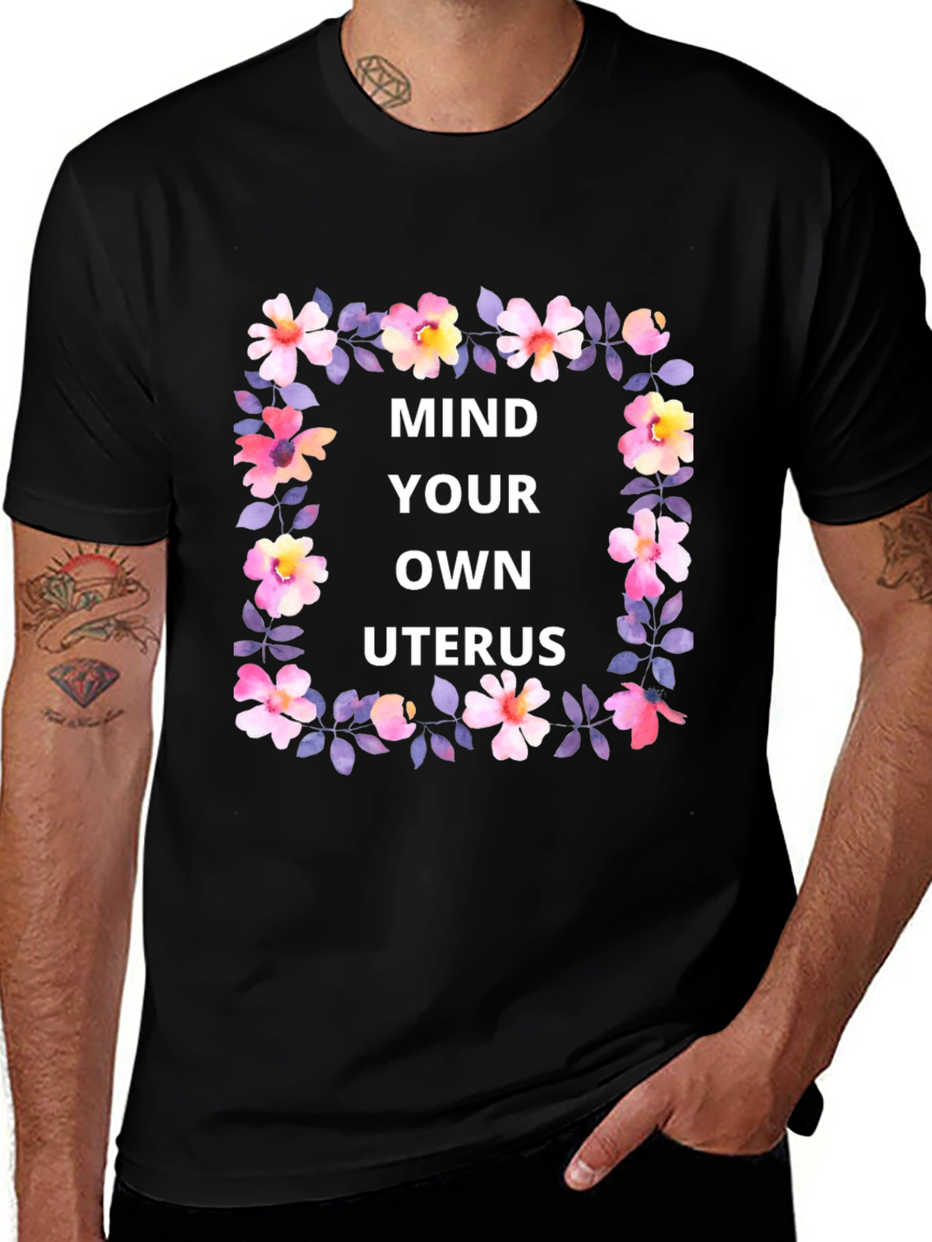 Variant 4 of Floral Mind Your Own Uterus Black T-Shirt
