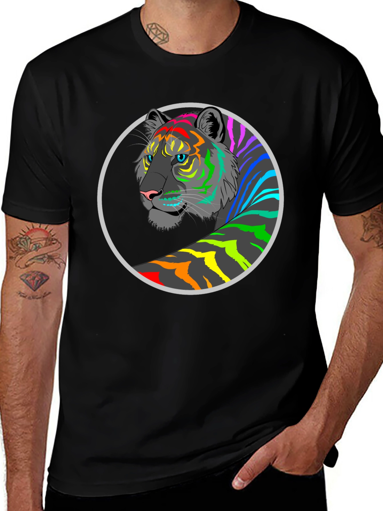 Variant 5 of Rainbow Tiger Graphic Tee - Men's Black T-Shirt