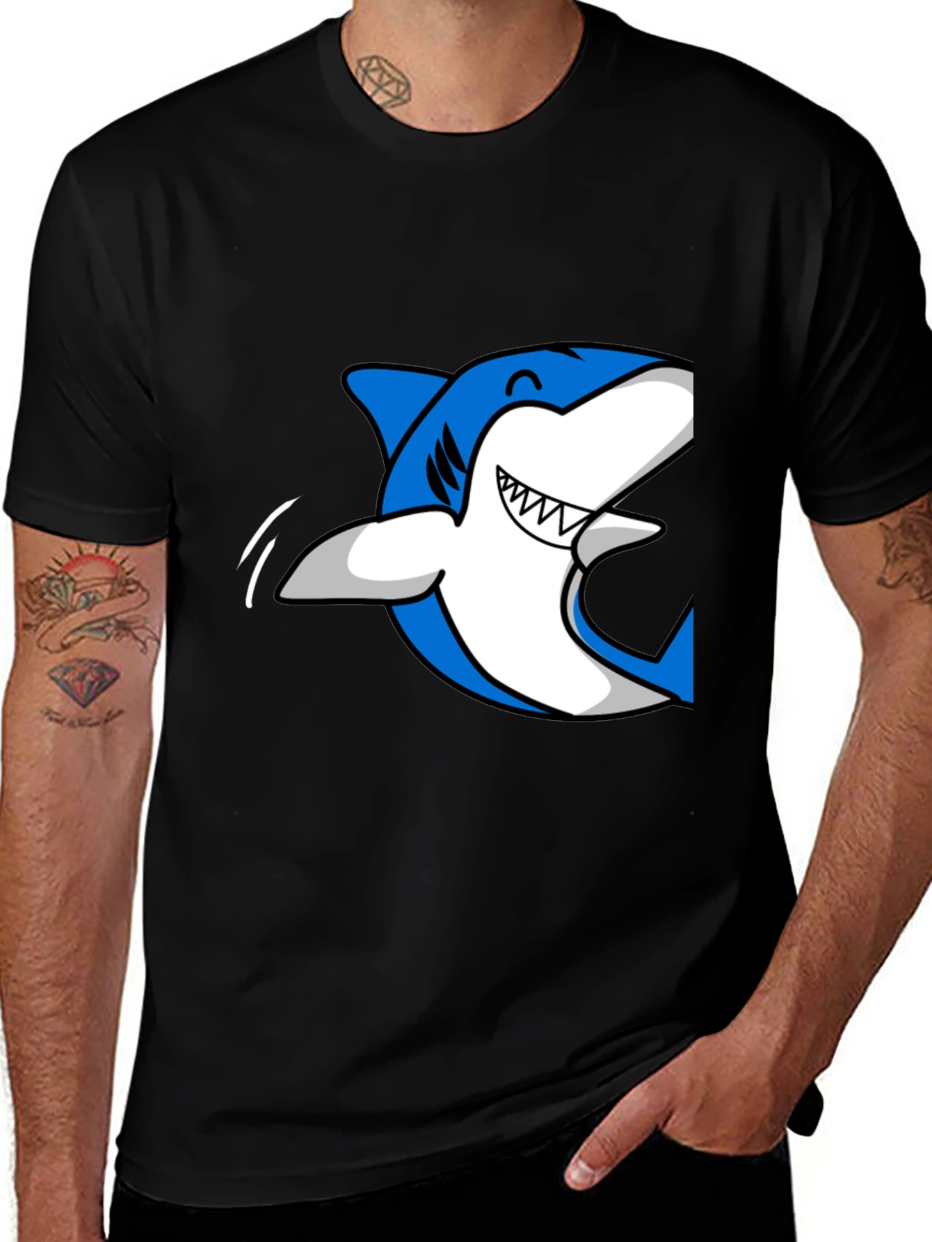 Variant 14 of Men's Black T-Shirt with Blue Shark Graphic