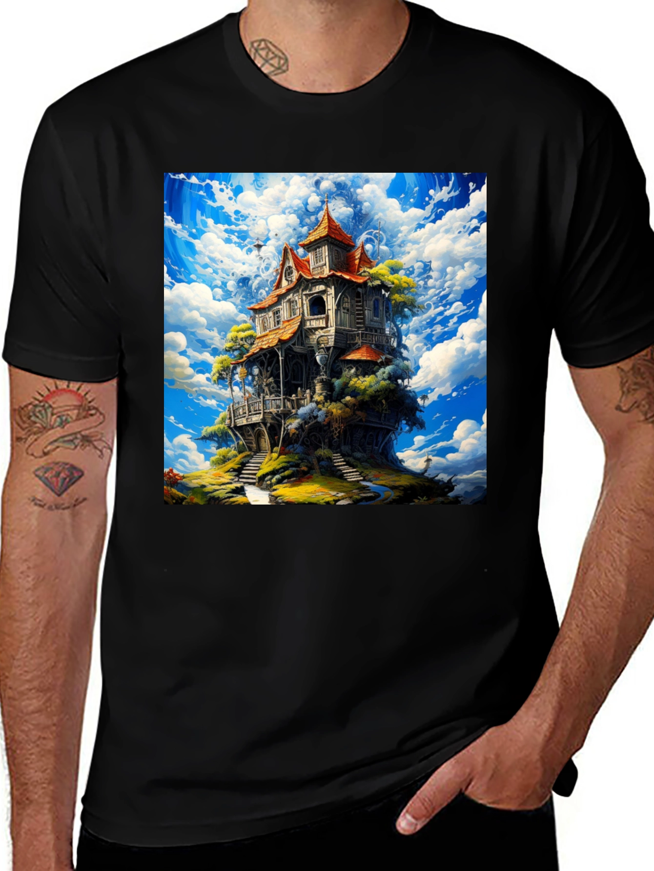 Variant 4 of Fantasy House Graphic Tee - Unique Sky Island Design