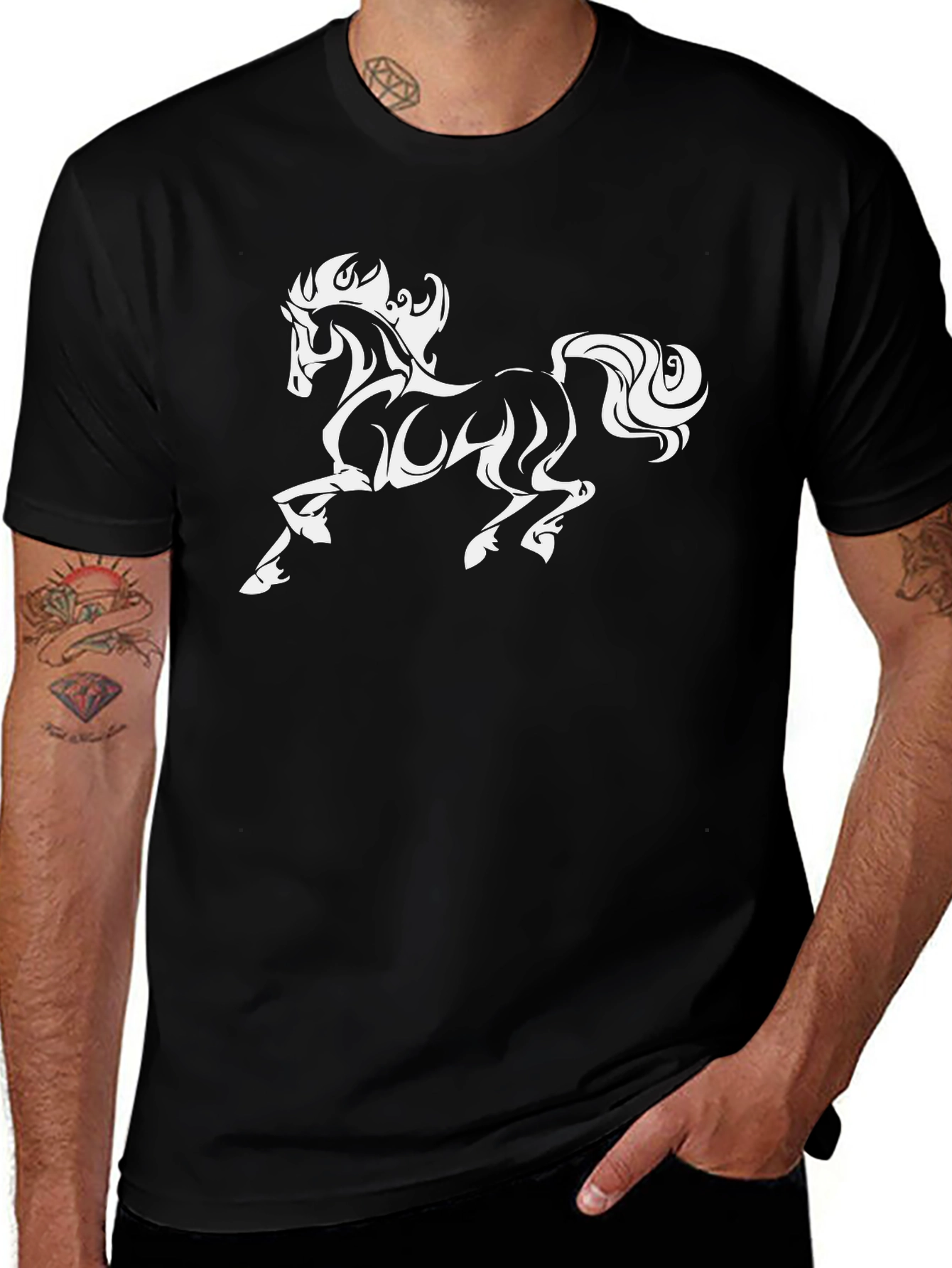 Variant 10 of Men's Black T-Shirt with White Horse Graphic