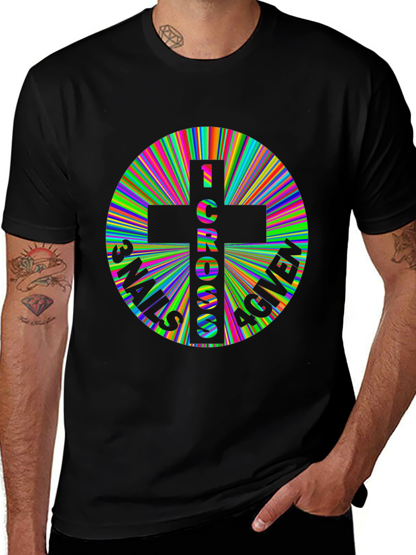 3 Nails 1 Cross Forgiven Colorful Graphic Tee
