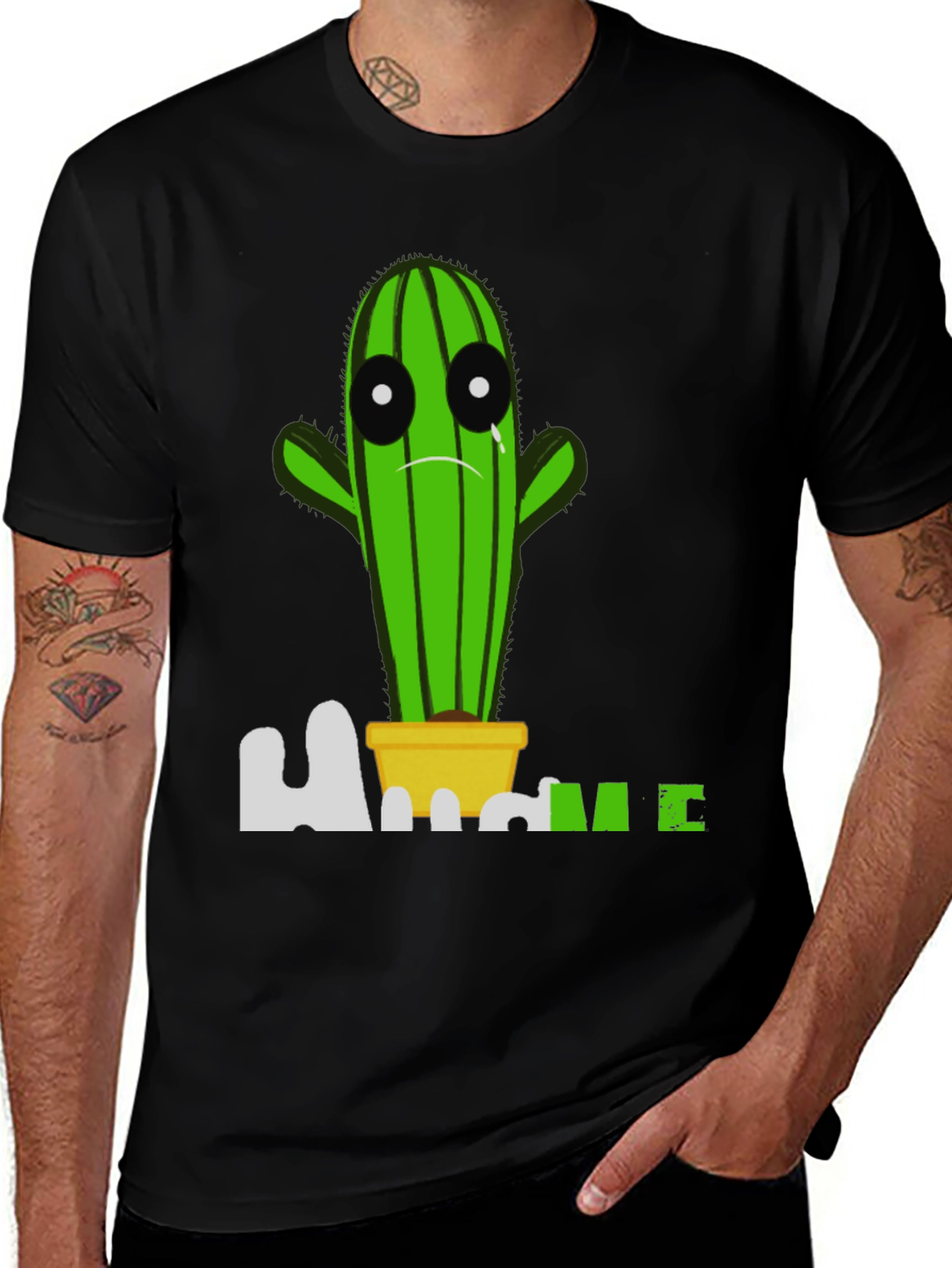 Sad Cactus Graphic T-Shirt - Black Cotton Blend