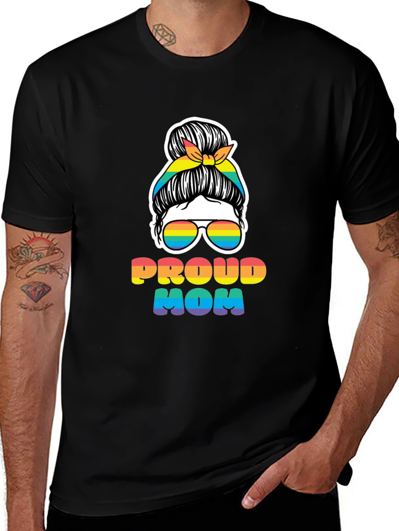 Proud Mom Messy Bun Rainbow LGBTQ Pride T-Shirt