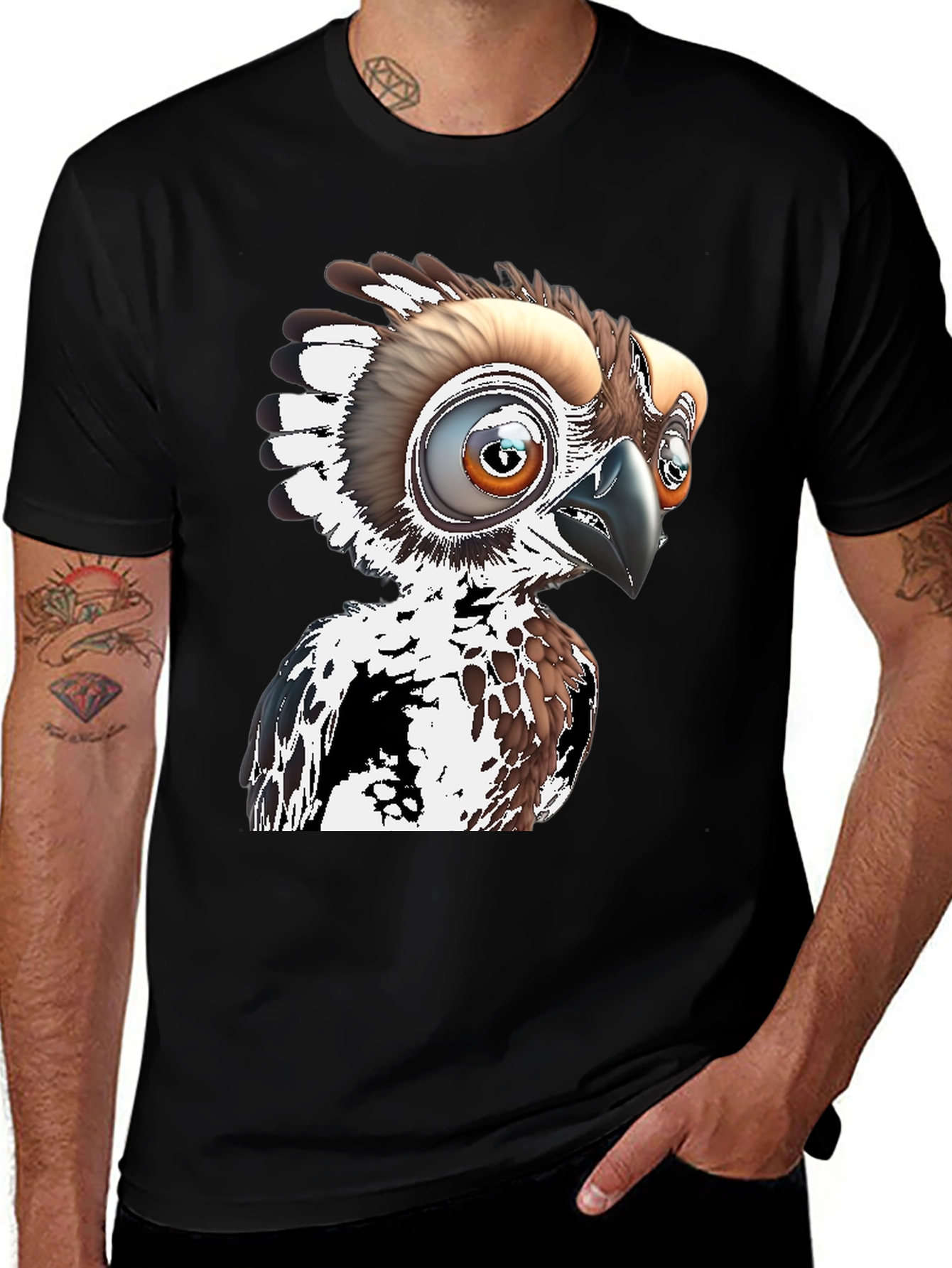 Variant 10 of Cartoon Bird Graphic Tee - Black Cotton T-Shirt