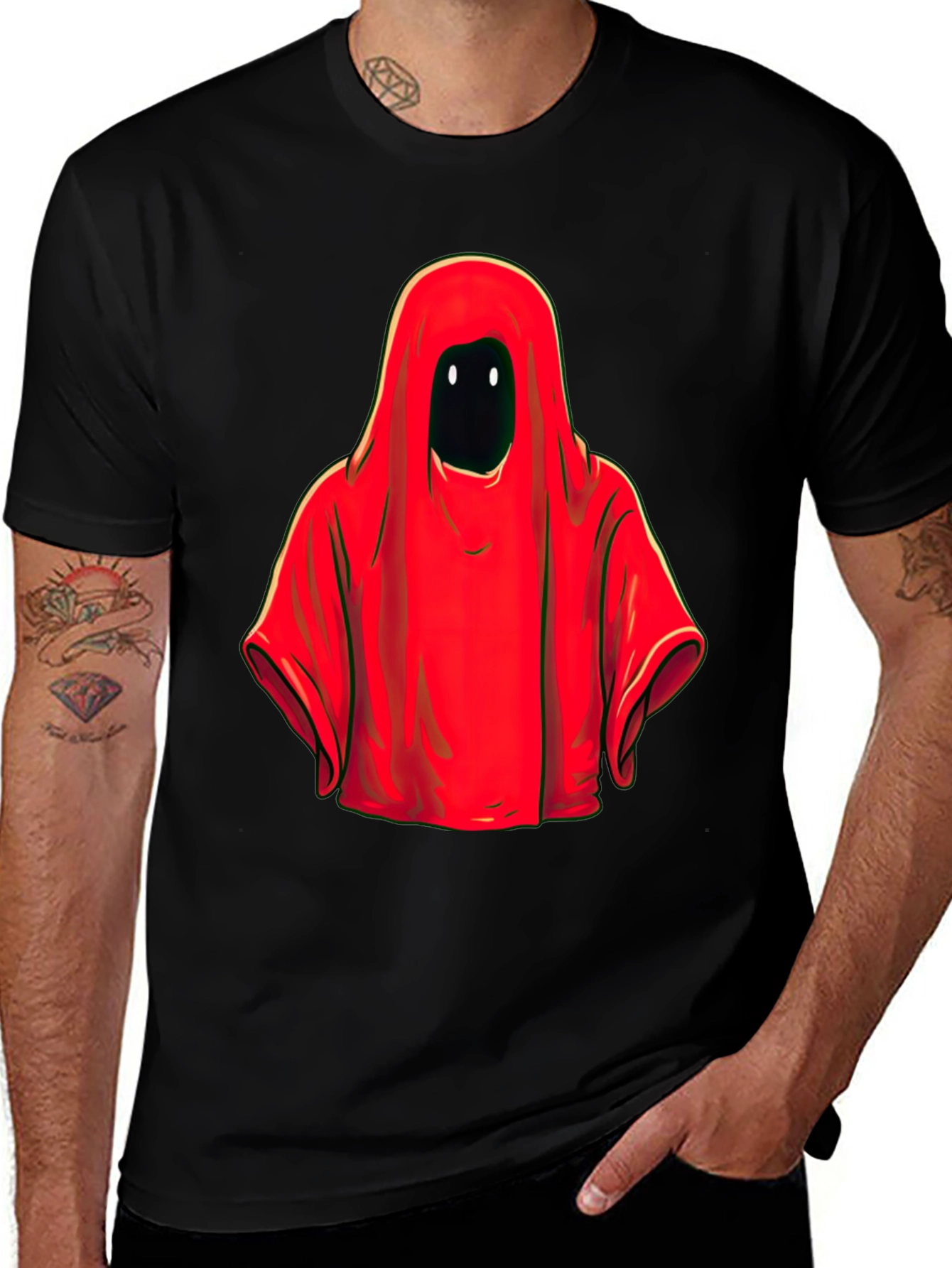 Variant 11 of Red Hooded Figure Graphic Tee - Unisex Black T-Shirt