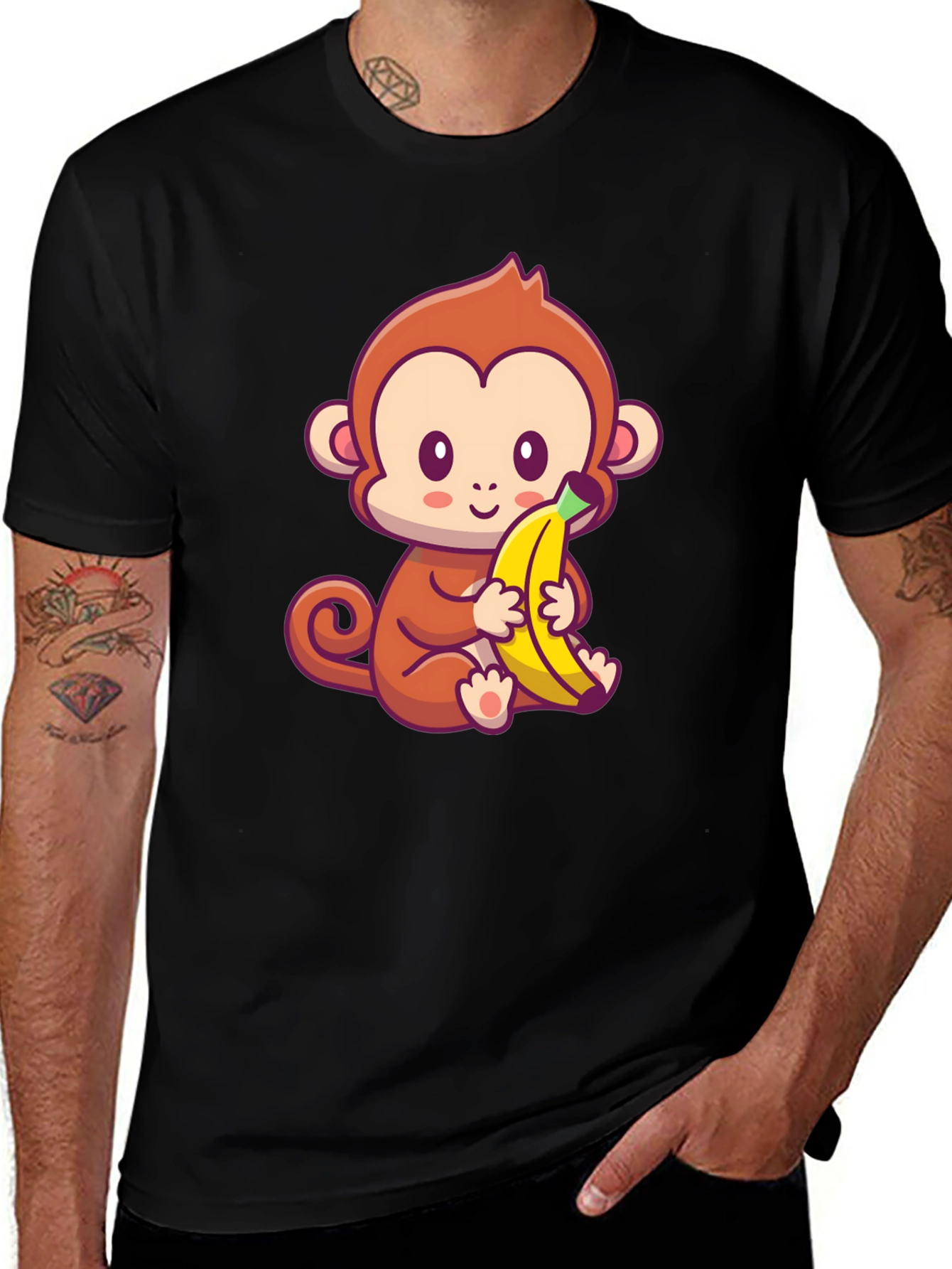 Cute Monkey Banana Graphic Black T-Shirt