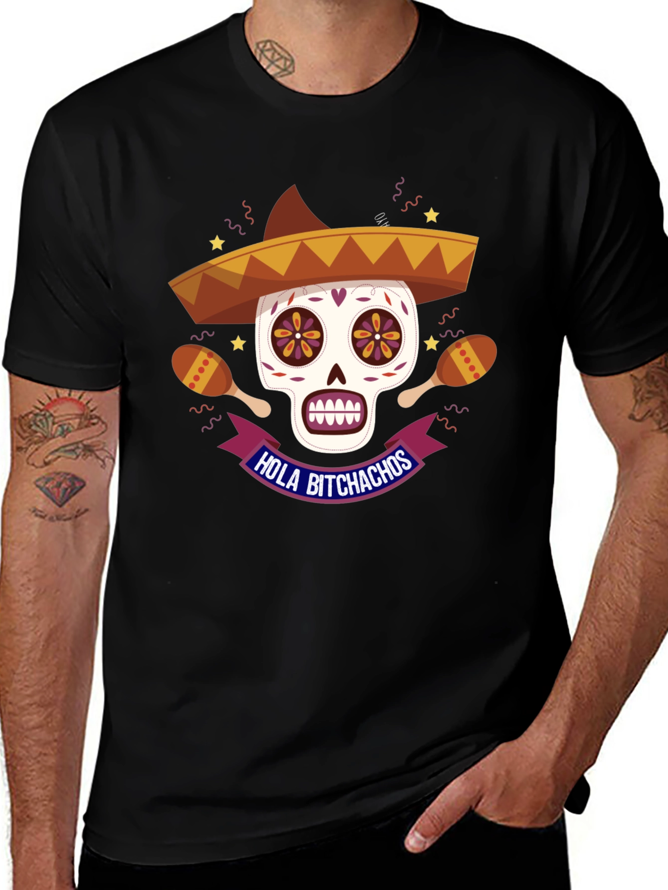 Variant 23 of Hola Bitchachos Skull Graphic Tee - Black Cotton T-Shirt