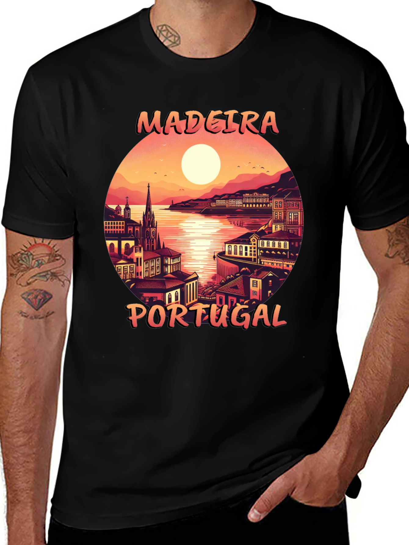 Madeira Portugal Graphic Tee - Sunset Cityscape T-Shirt
