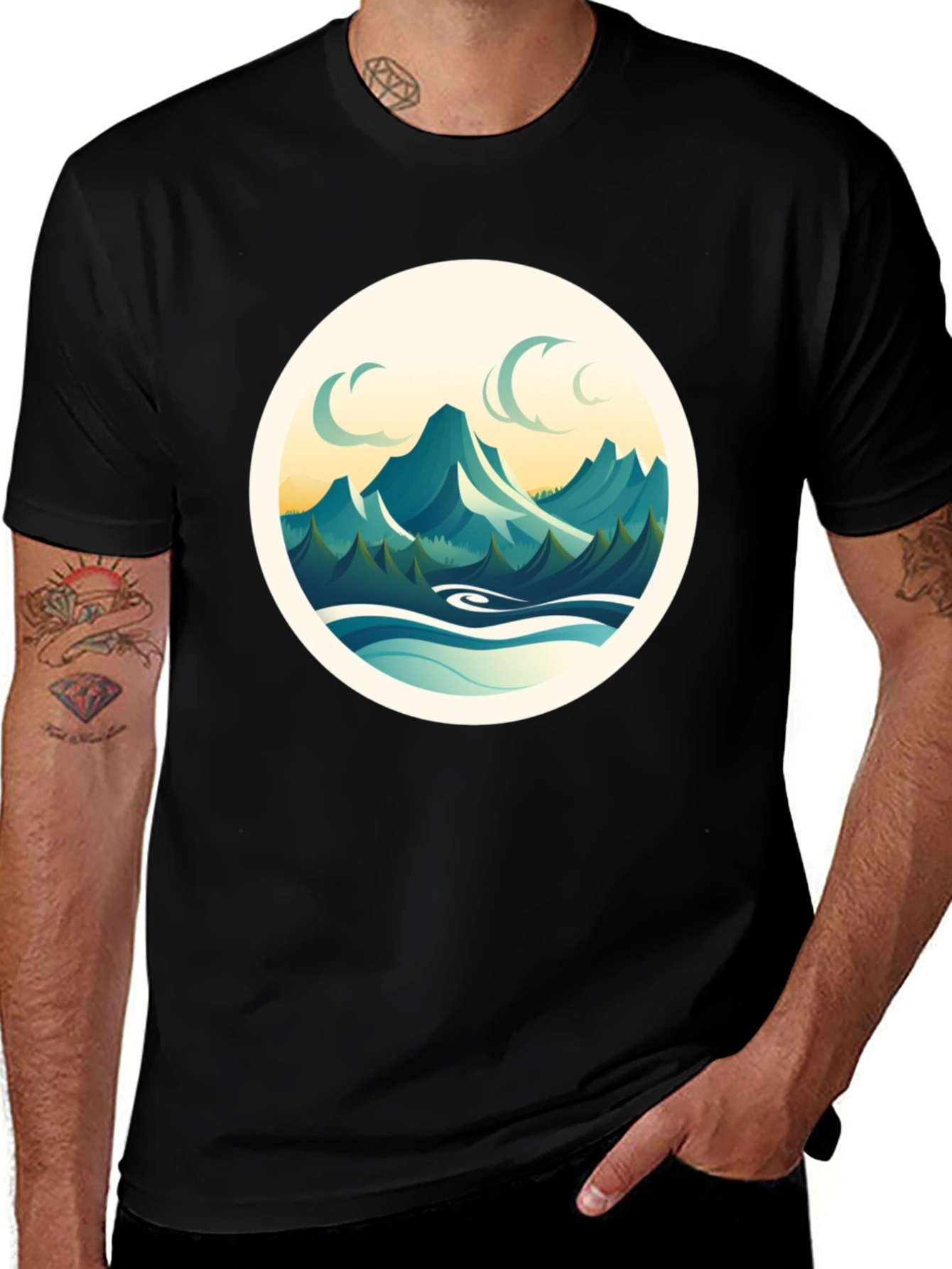 Variant 11 of Nature Scene Graphic Tee - Mountain & River Print
