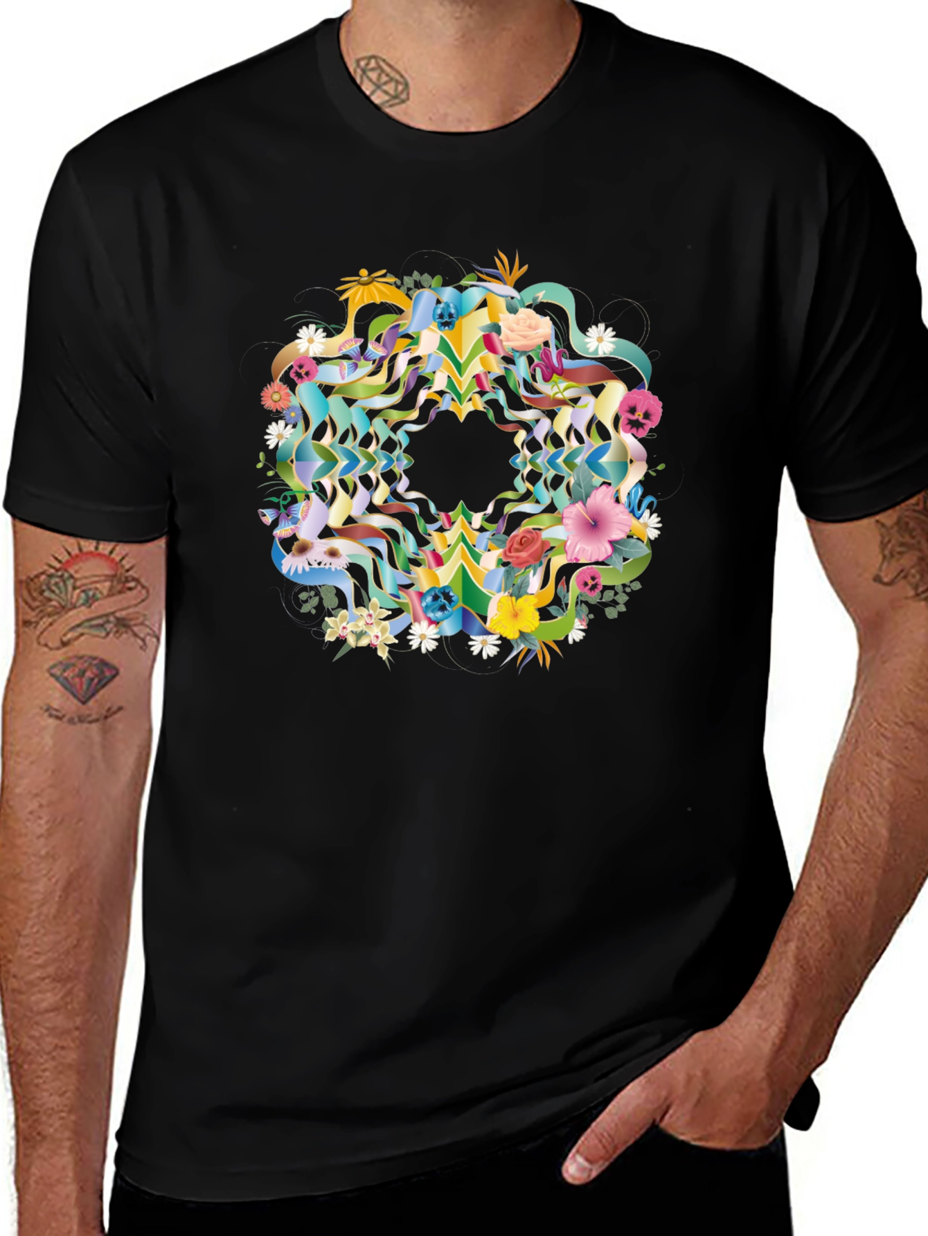 Variant 12 of Floral Skull Mandala Black Tee