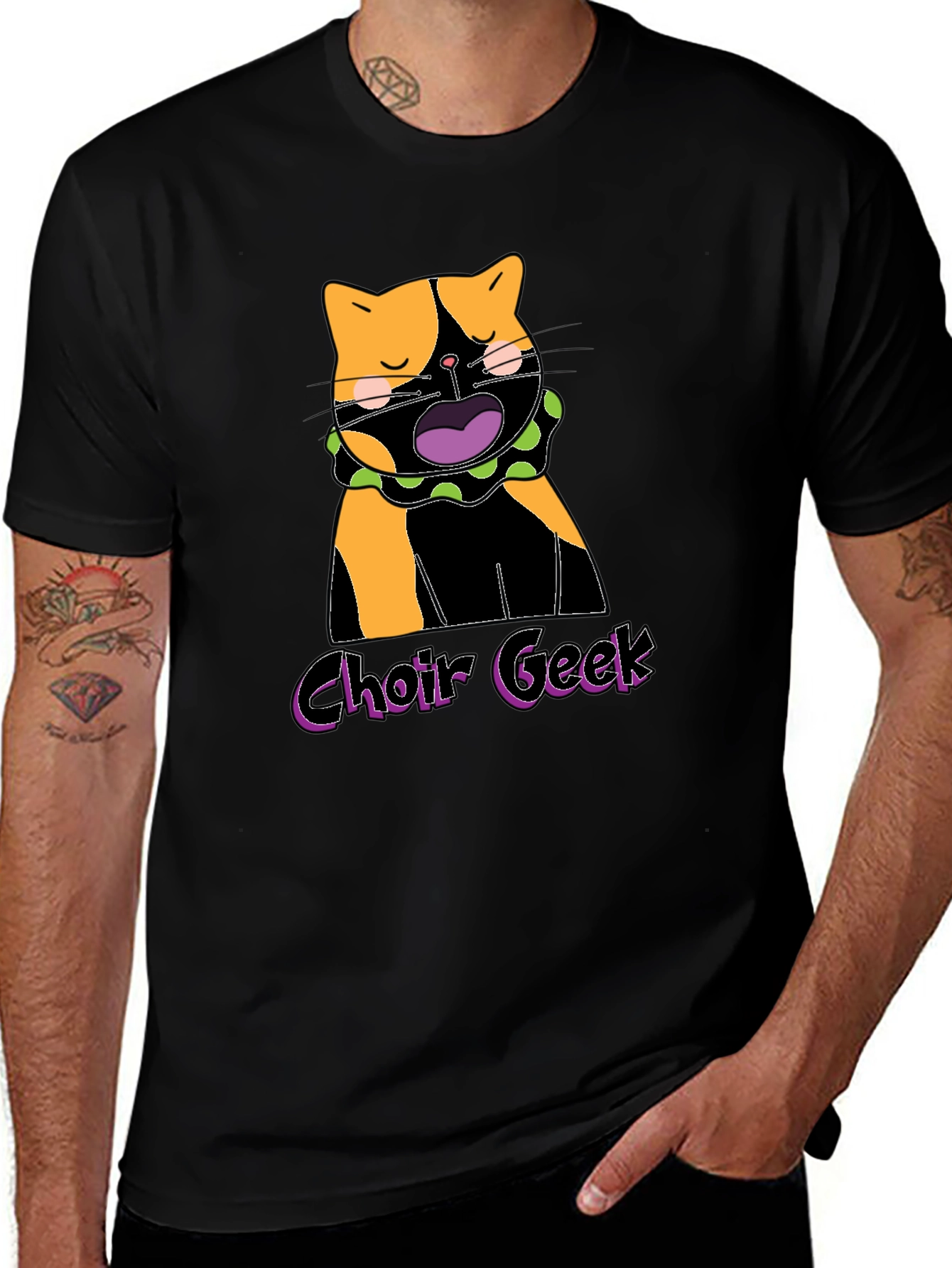 Variant 25 of Choir Geek Cat Graphic Tee - Black Cotton T-Shirt