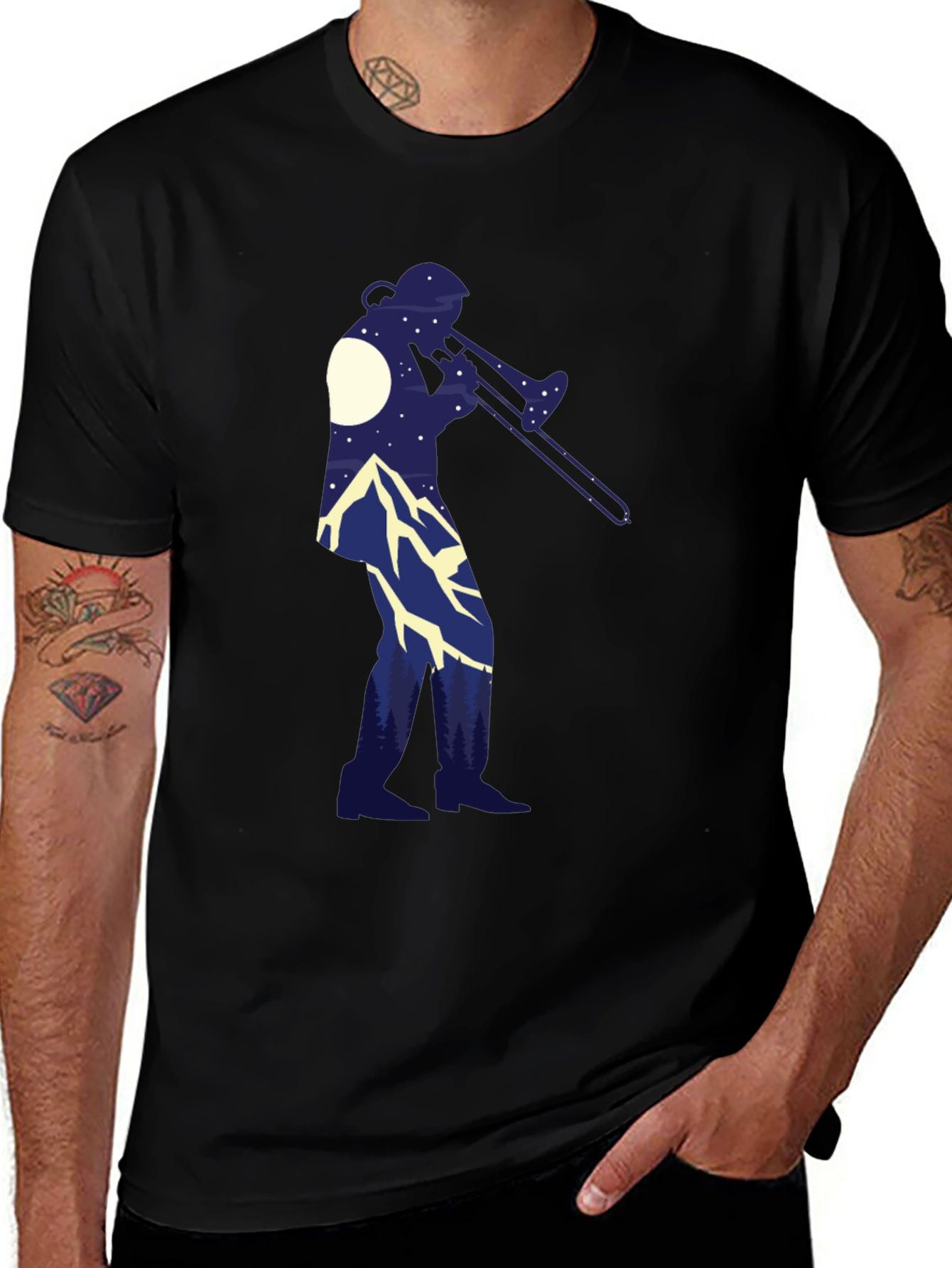 Variant 23 of Trombone Player Mountain Scene Black Tee