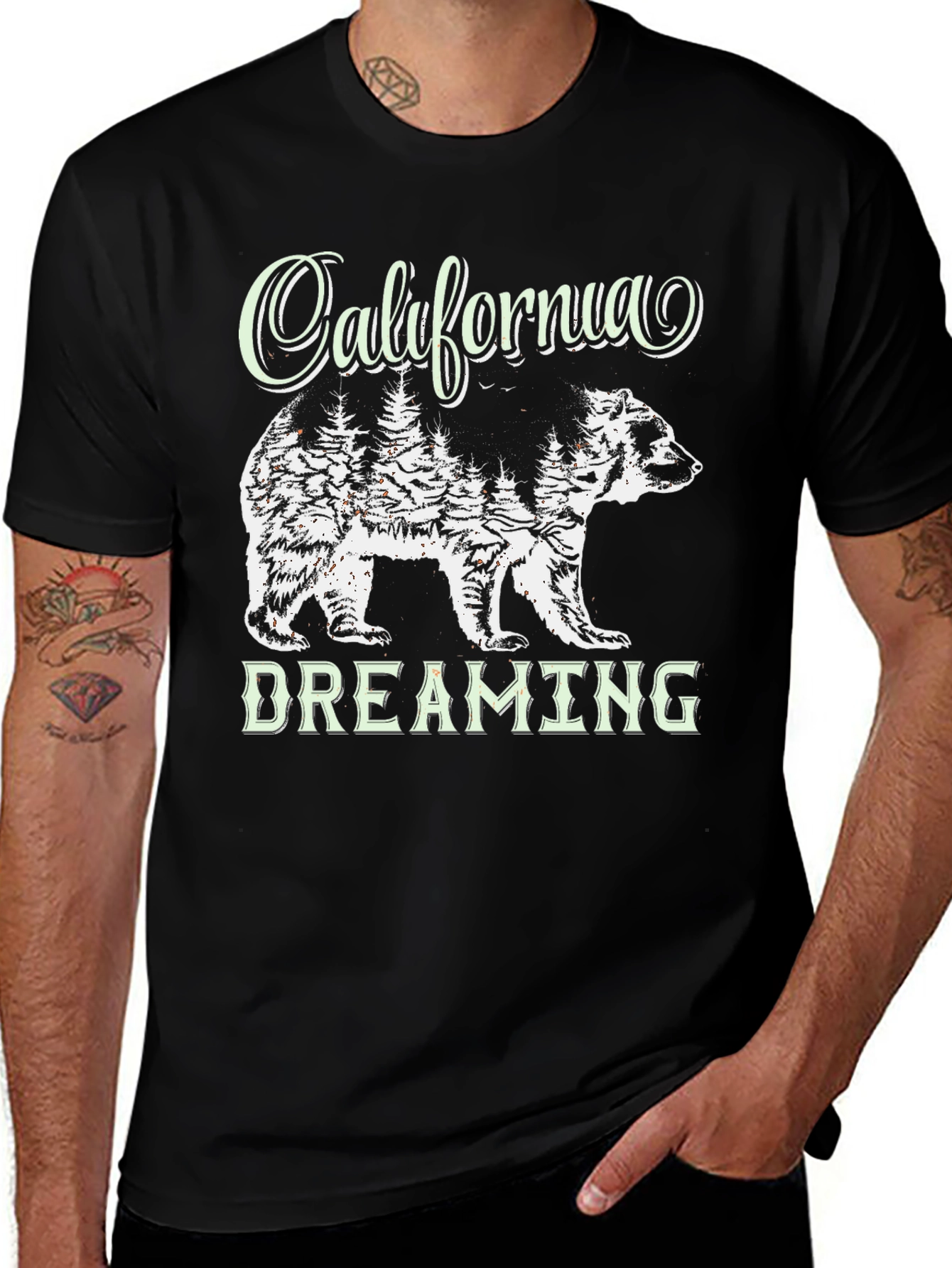 Variant 19 of California Dreaming Bear Graphic Tee - Black Cotton T-Shirt