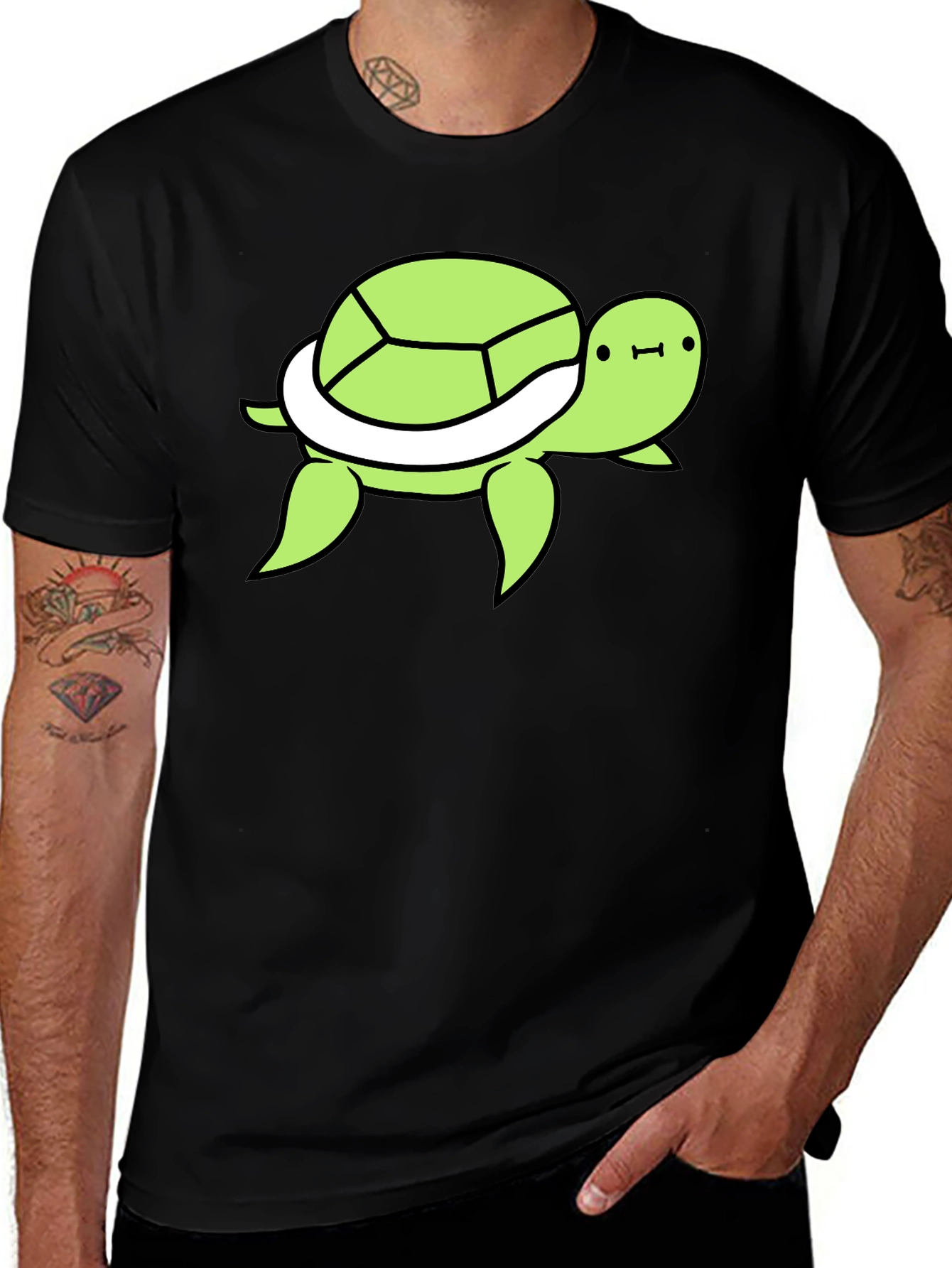 Cute Turtle Graphic Tee - Black Cotton T-Shirt