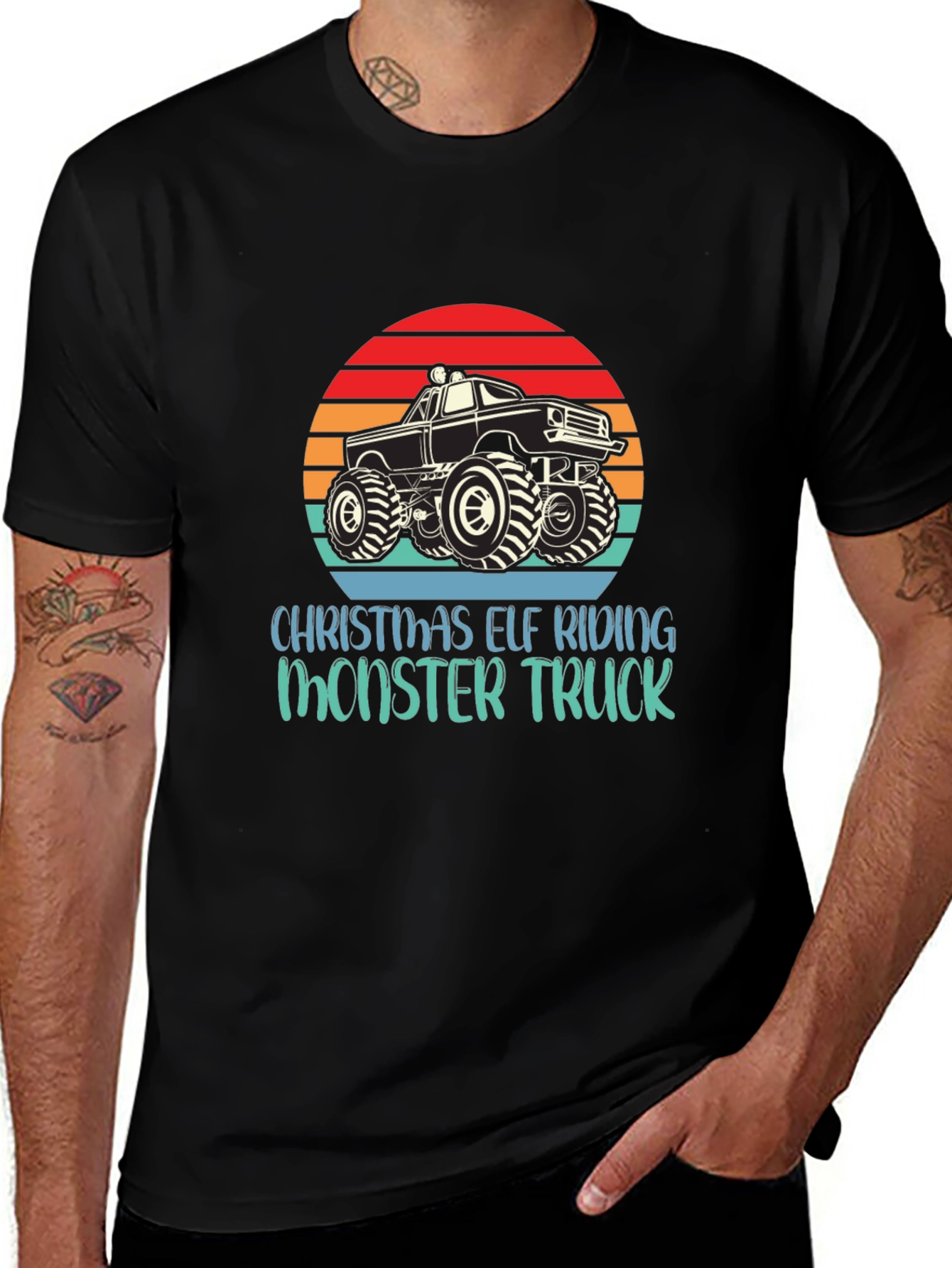 Christmas Elf Riding Monster Truck Tee