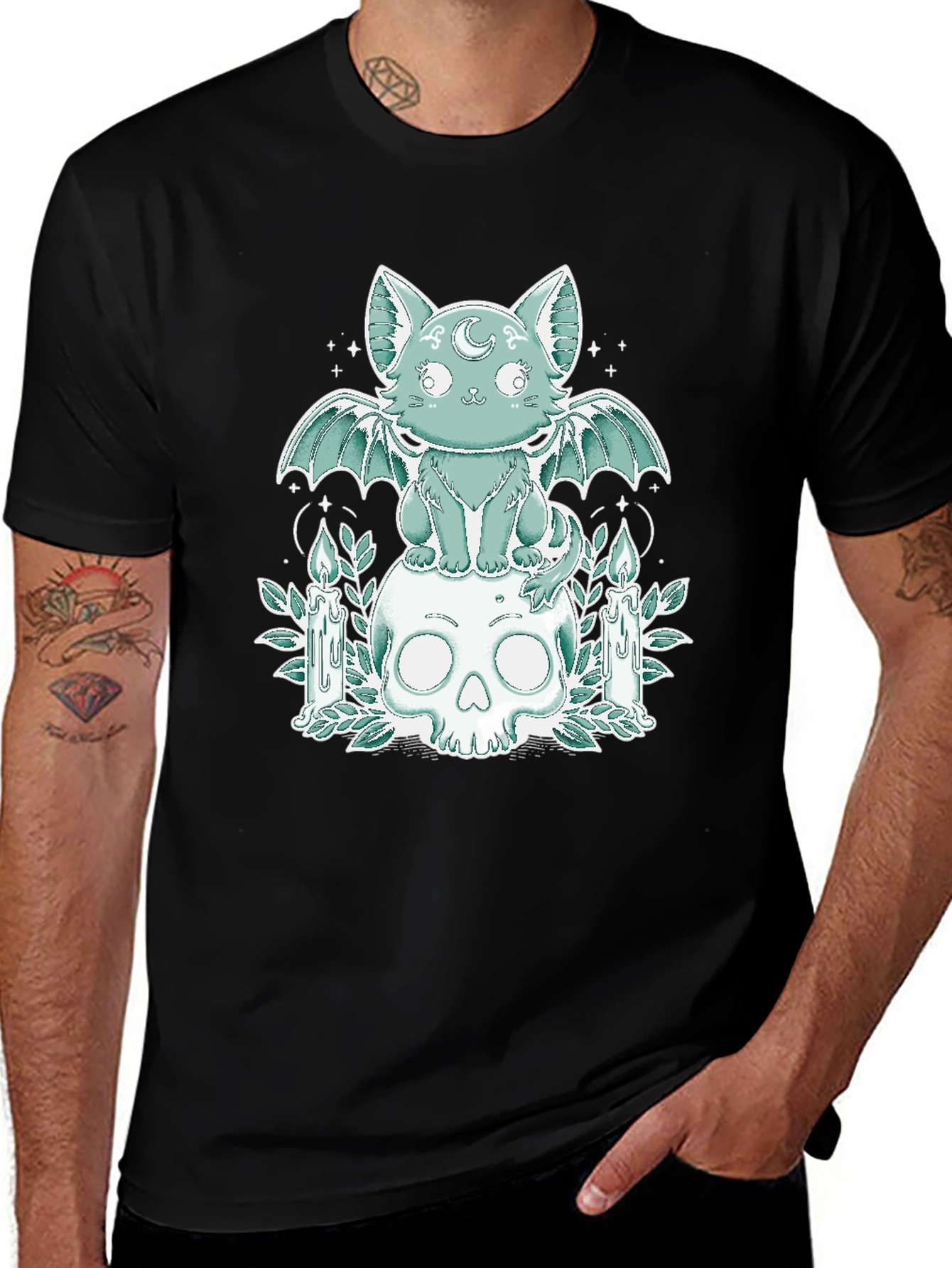Variant 23 of Gothic Cat Bat Wings Skull T-Shirt