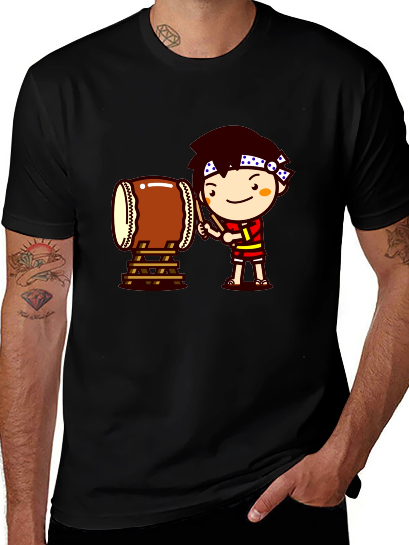 Black Black T-Shirt with Drummer Cartoon Graphic main image