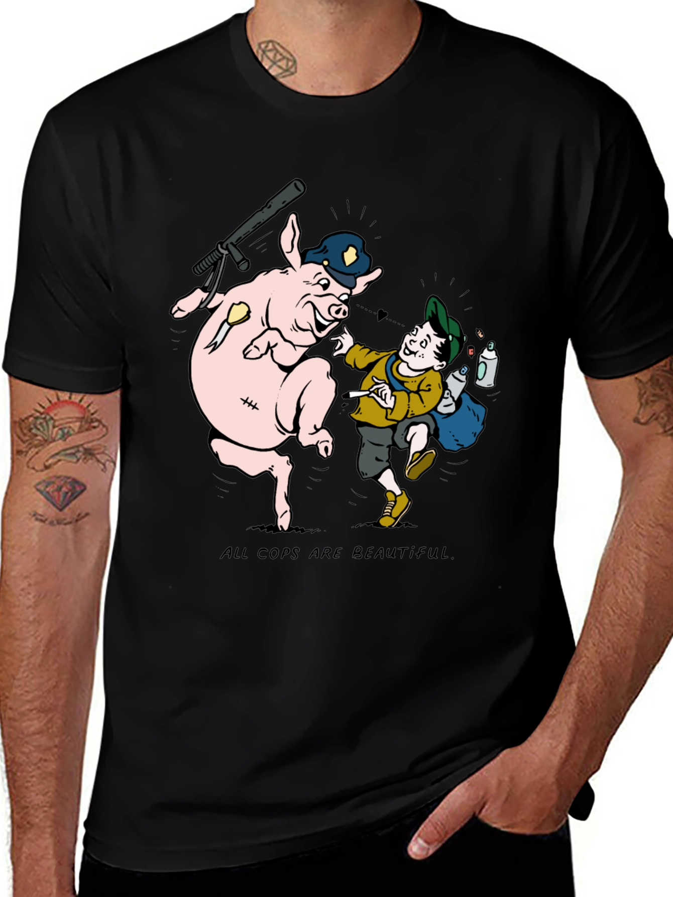Variant 4 of Humorous T-Shirt: "All Cops Are Beautiful" Print