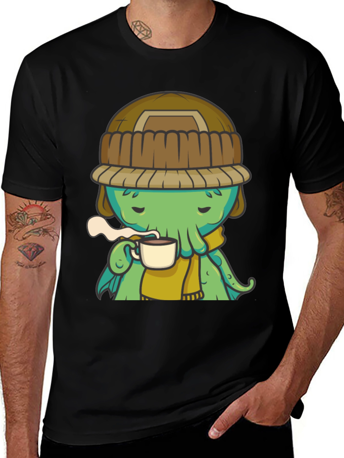 Cozy Cthulhu Black T-Shirt - Coffee & Comfort