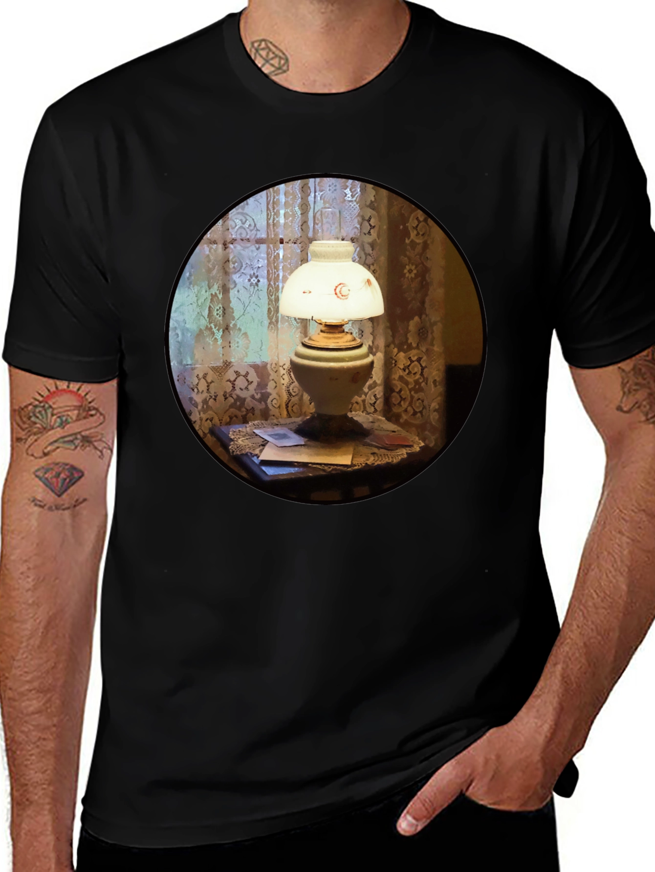 Variant 9 of Vintage Lamp Print Black T-Shirt