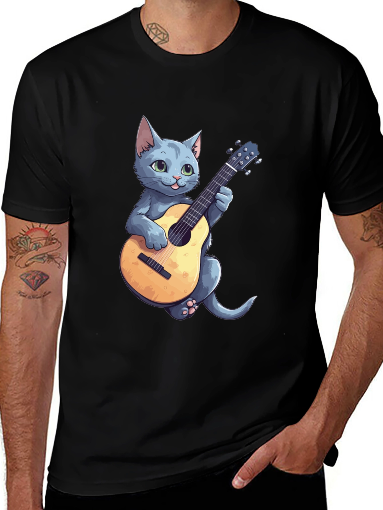 Variant 17 of Cat Playing Guitar Graphic Tee - Black
