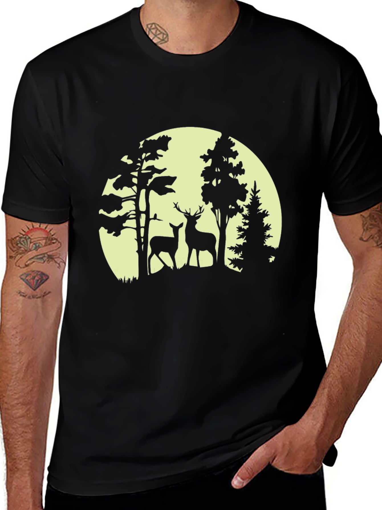Variant 3 of Deer Silhouette Forest Graphic Tee - Black