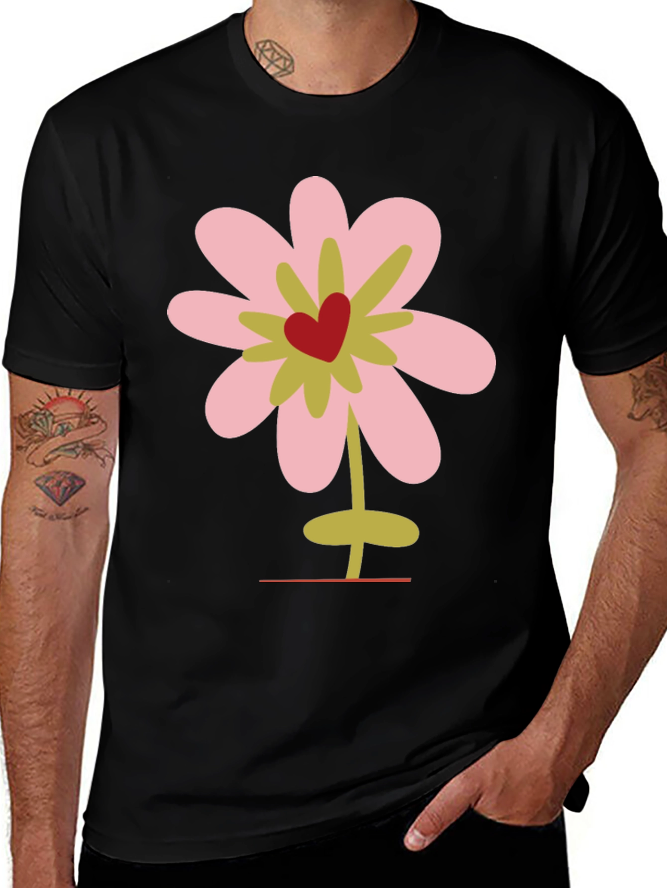Variant 19 of Floral Heart Graphic Tee - Black Cotton T-Shirt