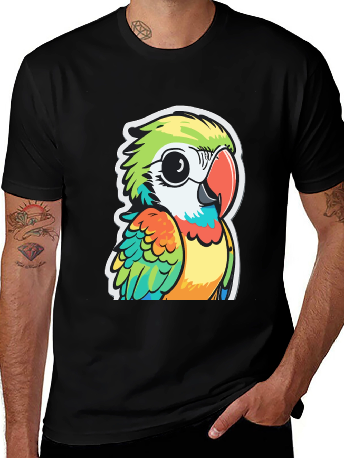 Variant 26 of Cartoon Parrot Graphic Black T-Shirt