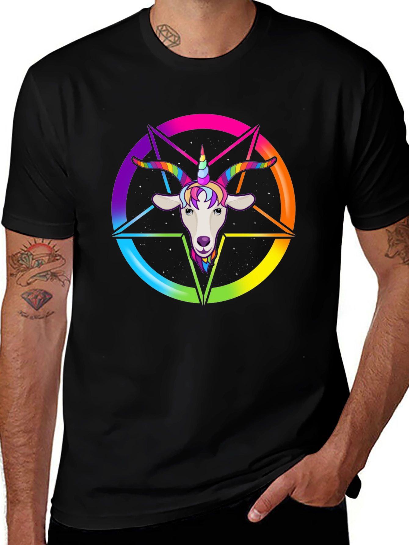 Variant 6 of Rainbow Goat Unicorn Graphic Tee - Men's Black T-Shirt