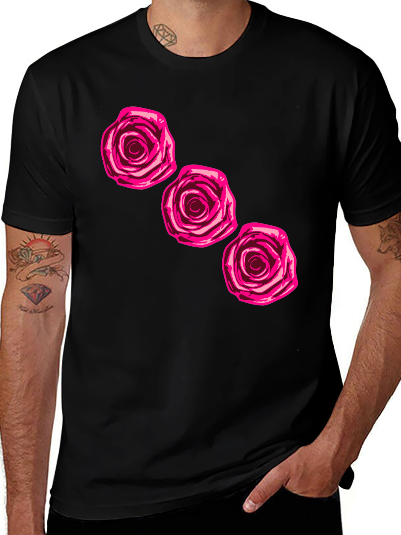 Black T-Shirt with Pink Rose Design