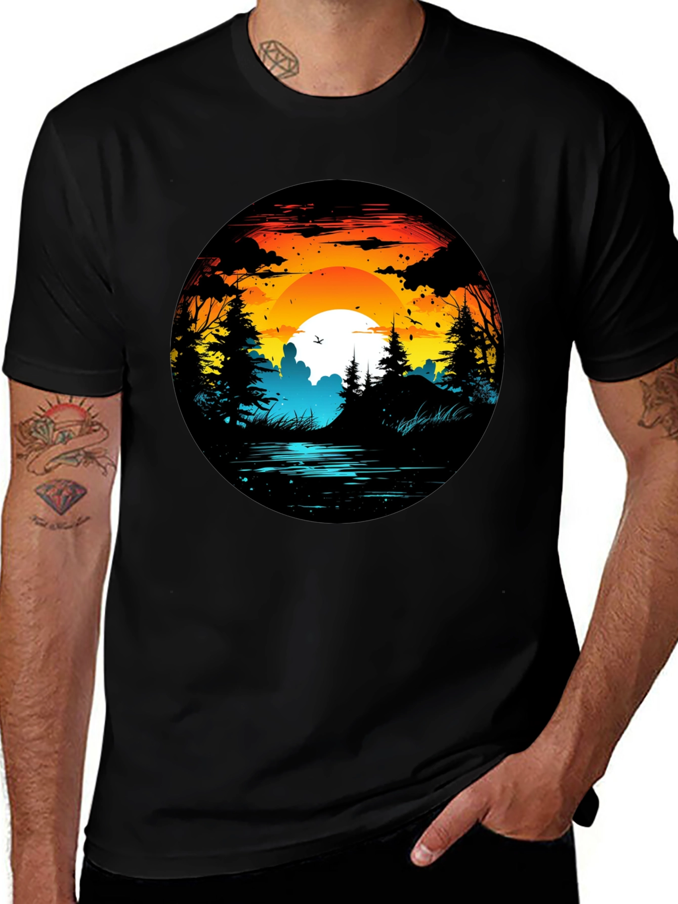 Variant 16 of Sunset Lake Graphic Tee - Men's Black T-Shirt