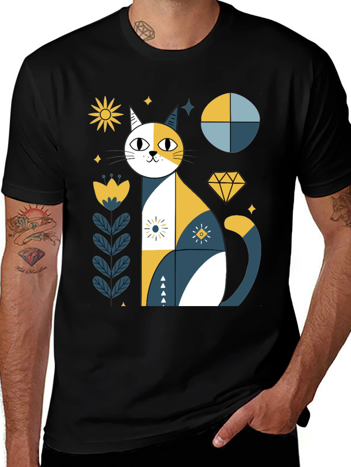 Variant 15 of Geometric Cat Graphic Tee - Stylish Black T-Shirt