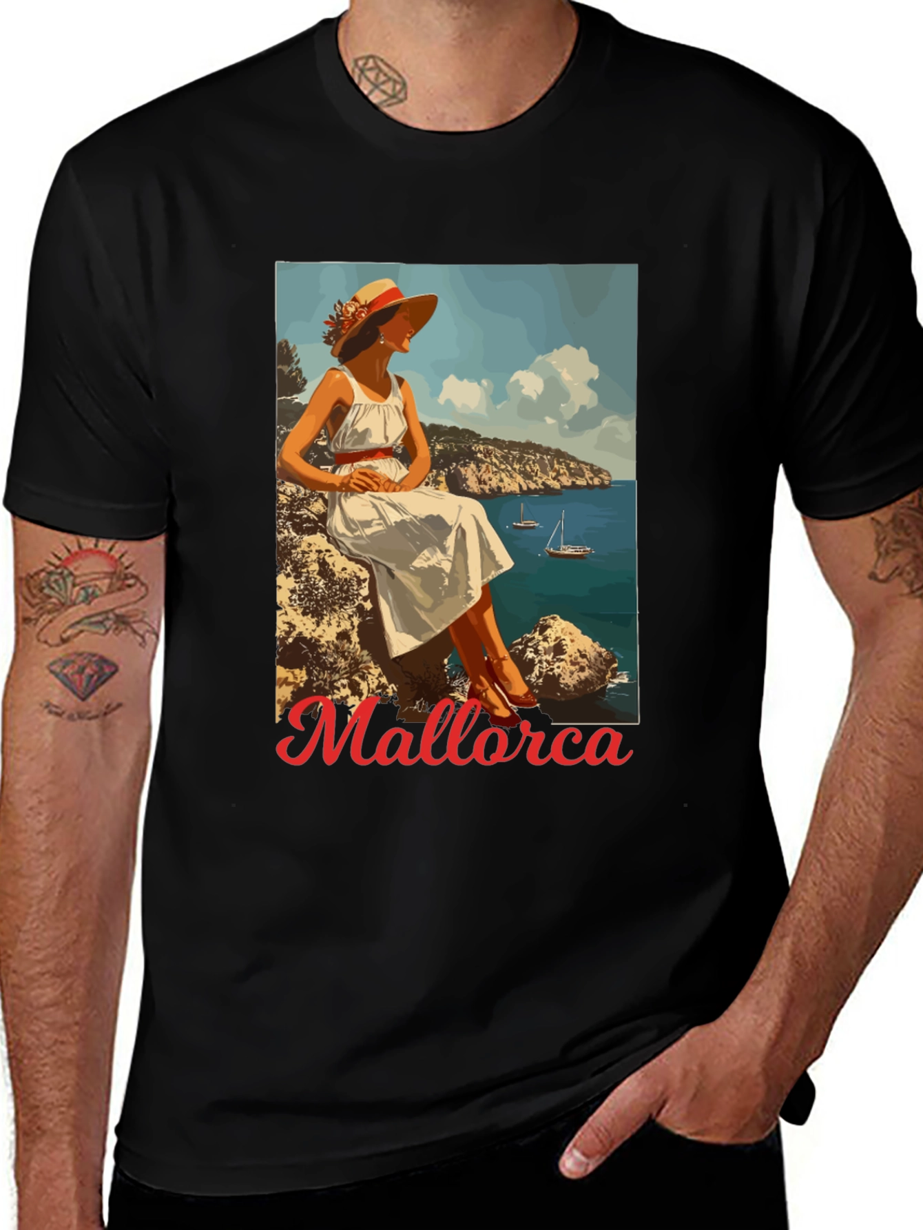 Mallorca Retro Graphic Tee - Black Cotton T-Shirt