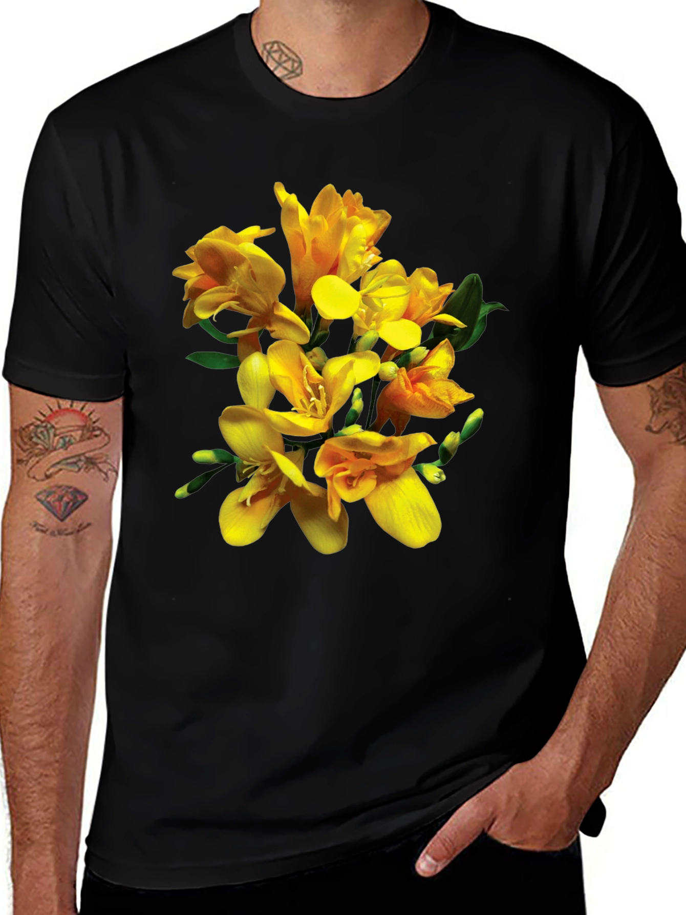 Variant 23 of Floral Print Black T-Shirt - Freesia Design